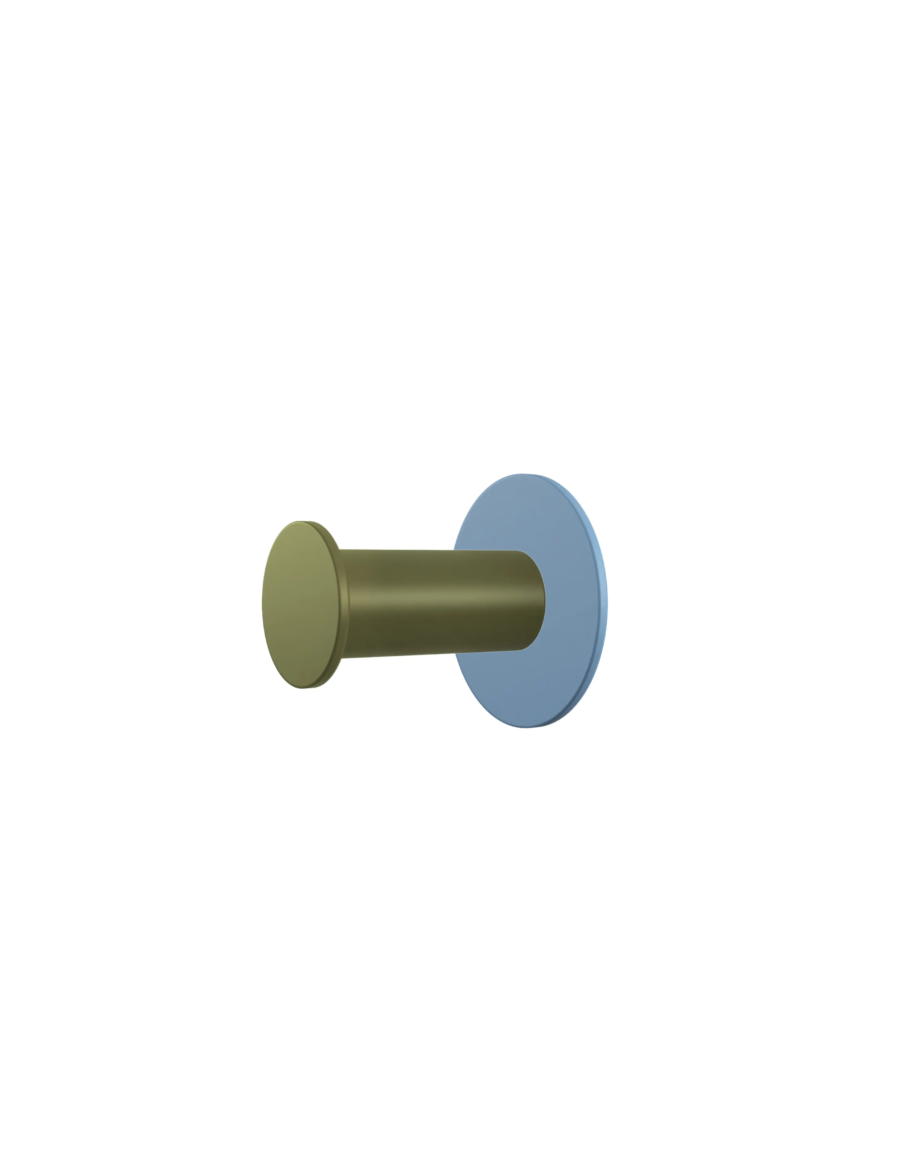 Wall hook with a round light blue base and an olive green cylindrical hook. Product shown on a white background.