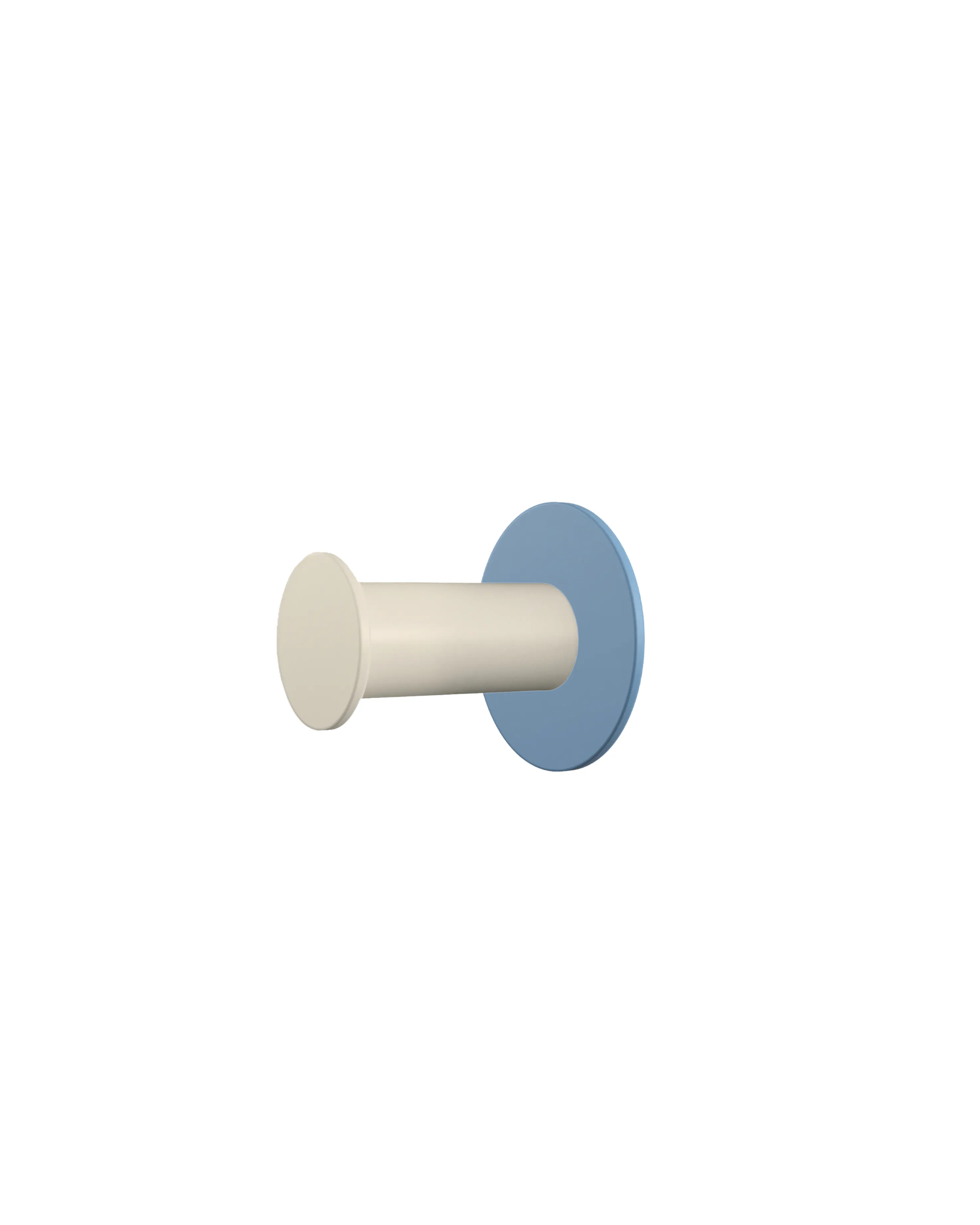 Wall hook with a round light blue base and a cream-colored cylindrical hook. Simple design on a white background.