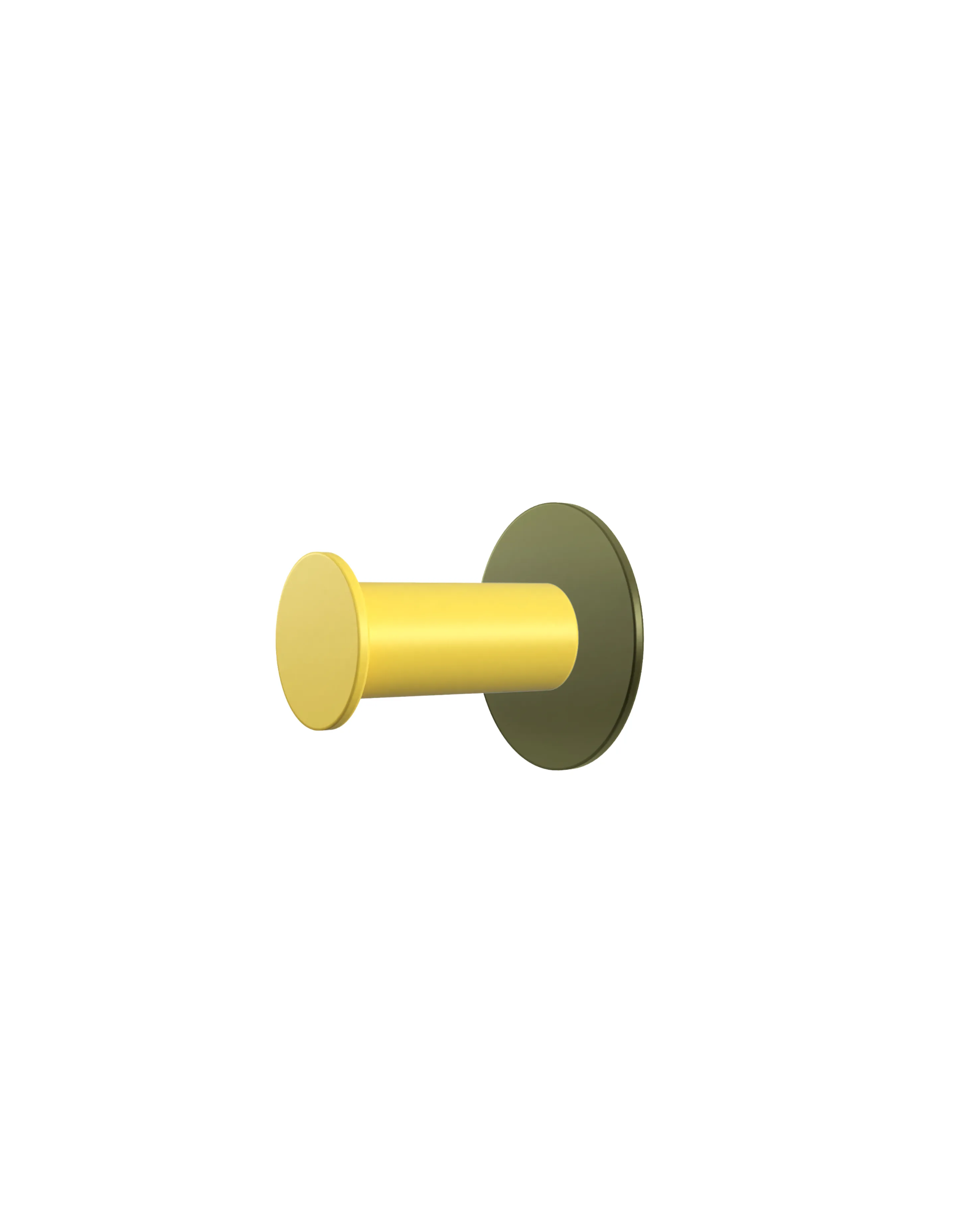 Wall hook with a round green base and a yellow cylindrical hook. Modern design on a white background.