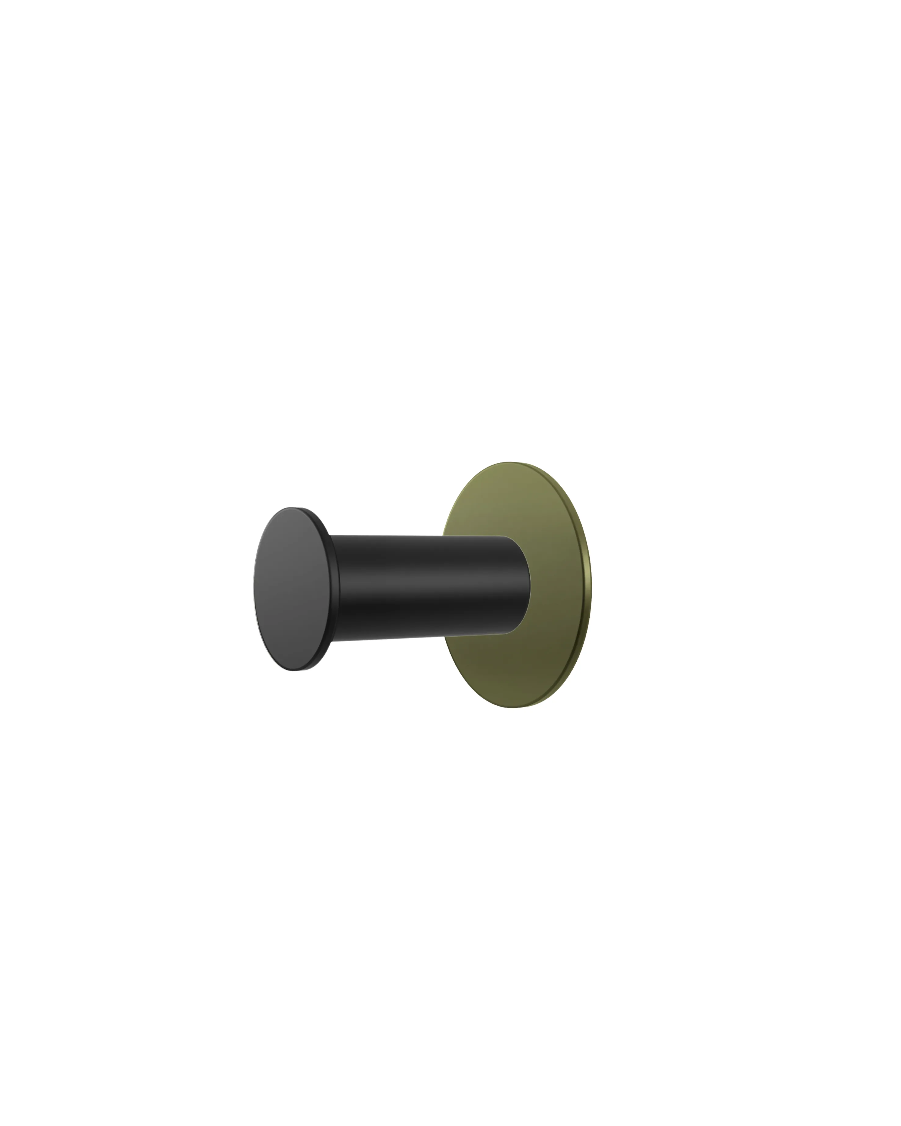 Wall hook with a round green base and a black cylindrical hook. Simple, modern design on a white background.