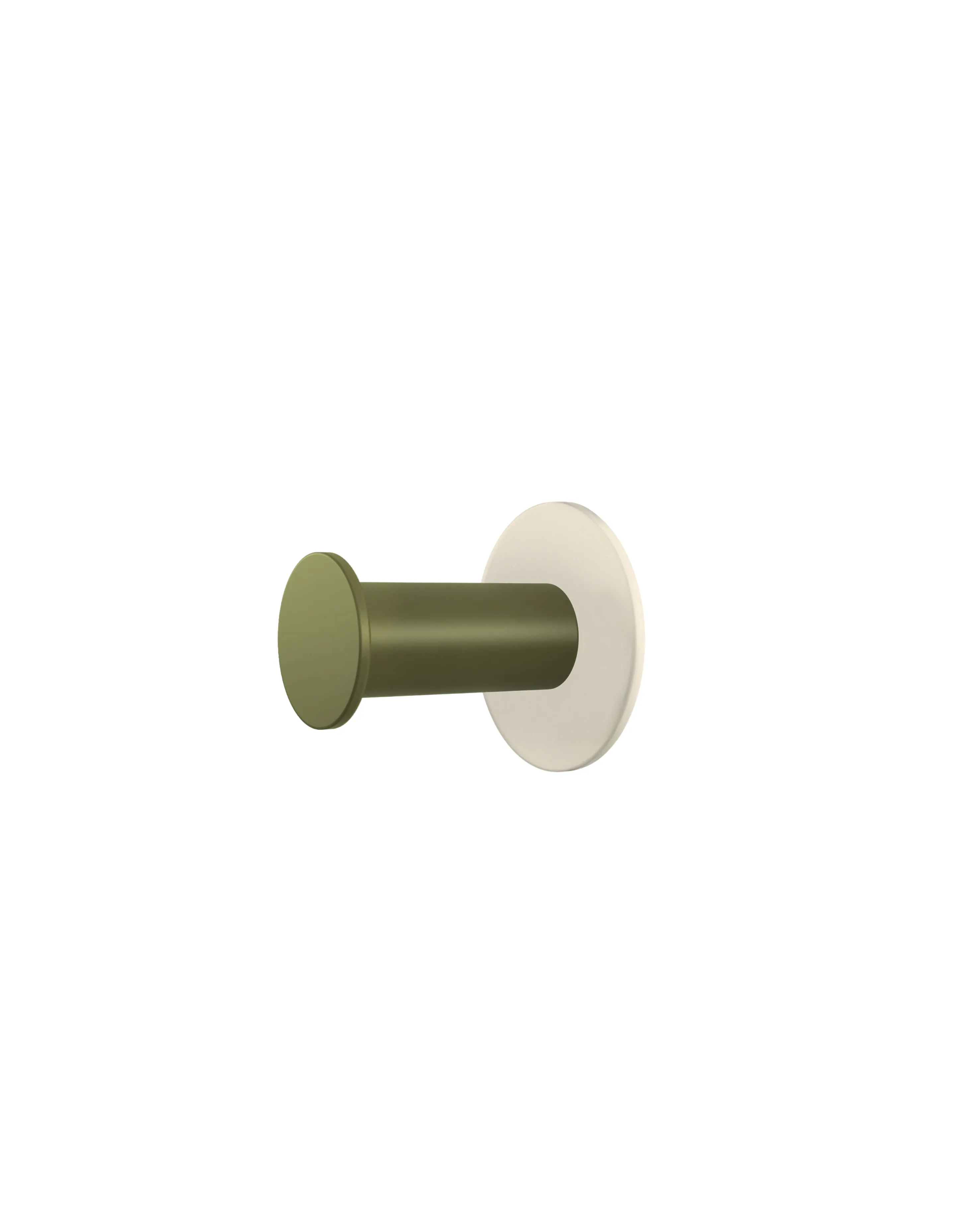 Wall hook with a round cream base and a cylindrical hook in olive green color. Modern, simple form on a white background.