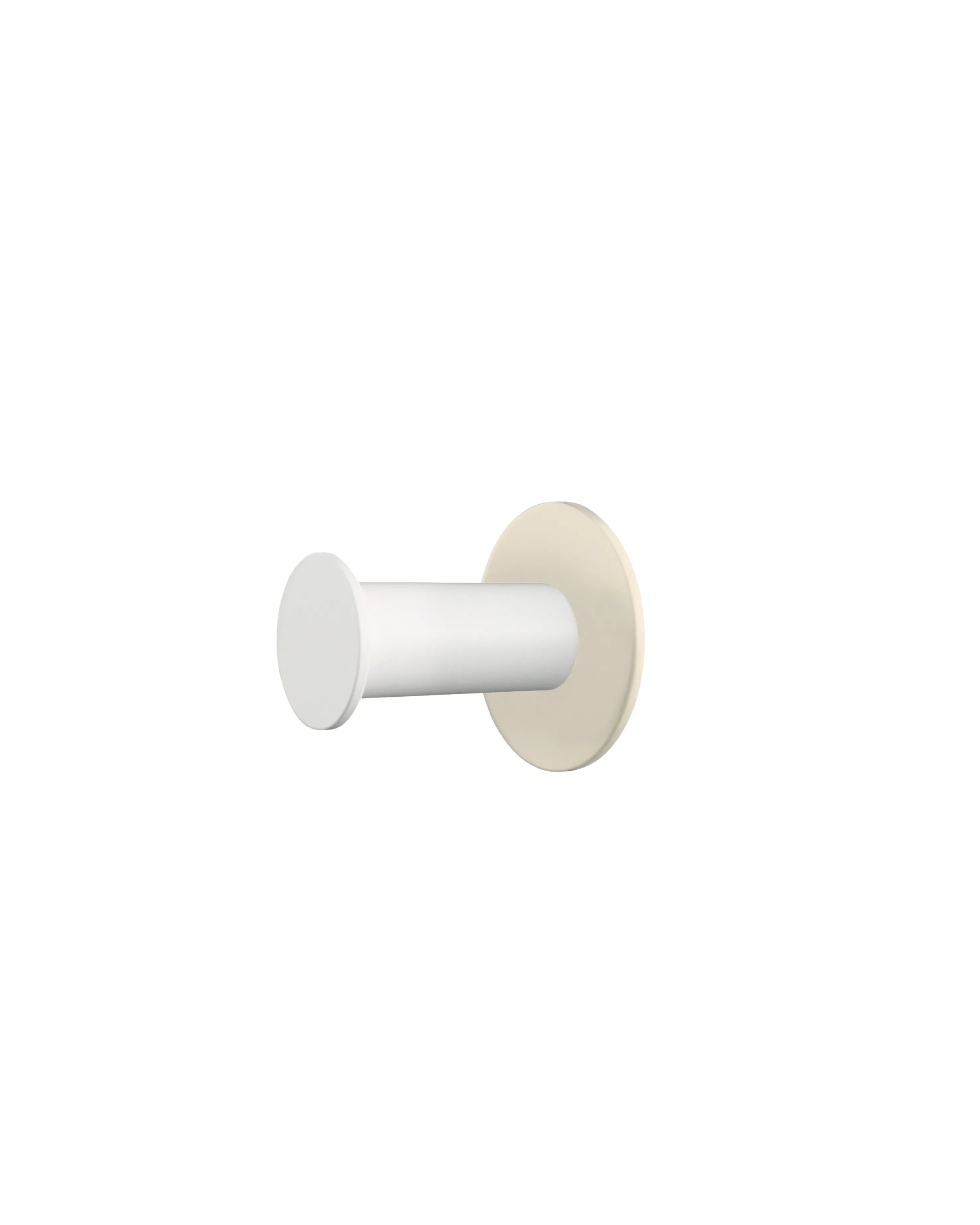 Wall hook with a round cream base and a white cylindrical hook. Simple, modern look on a white background.