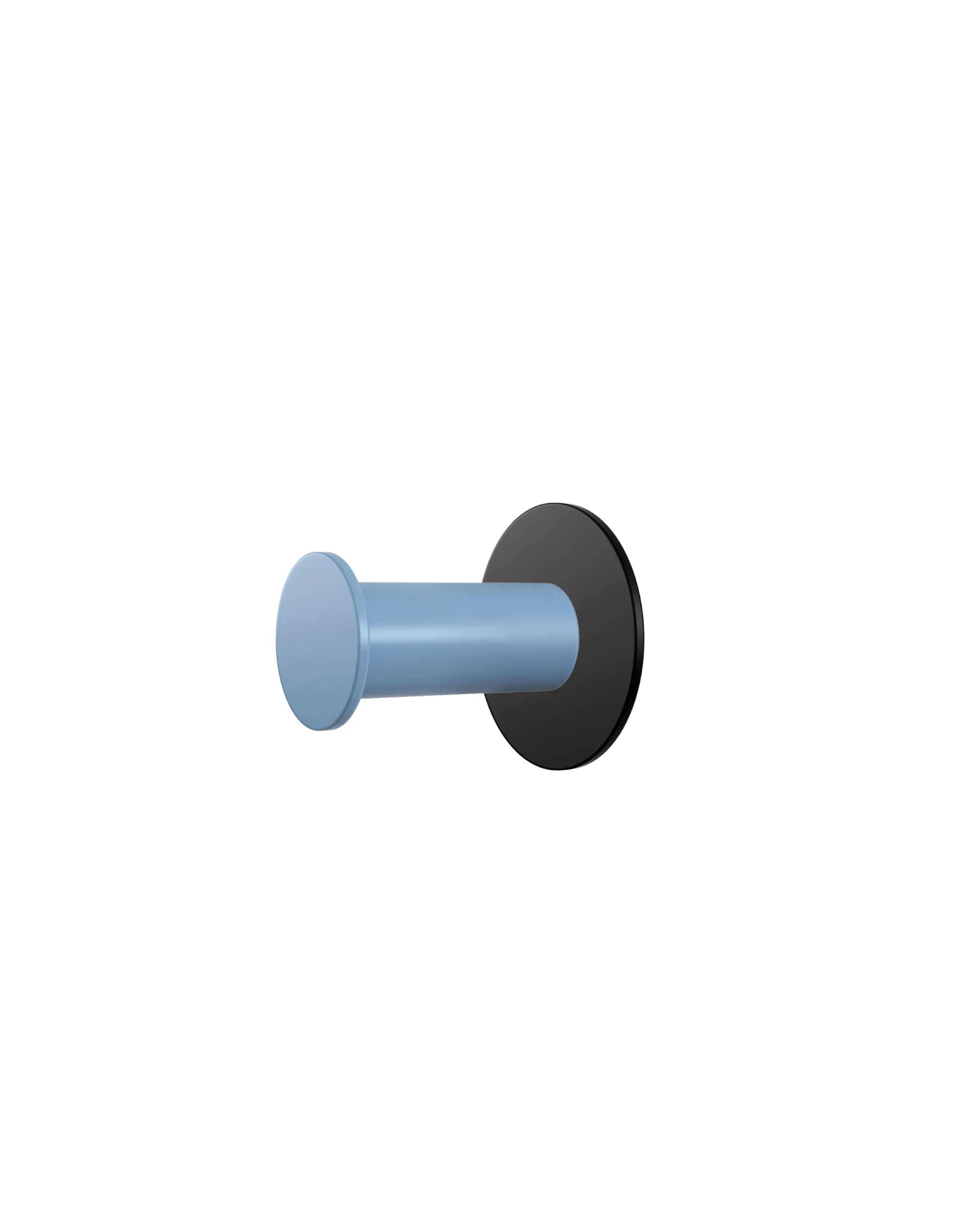 Wall hook with a round black base and a light blue cylindrical hook.