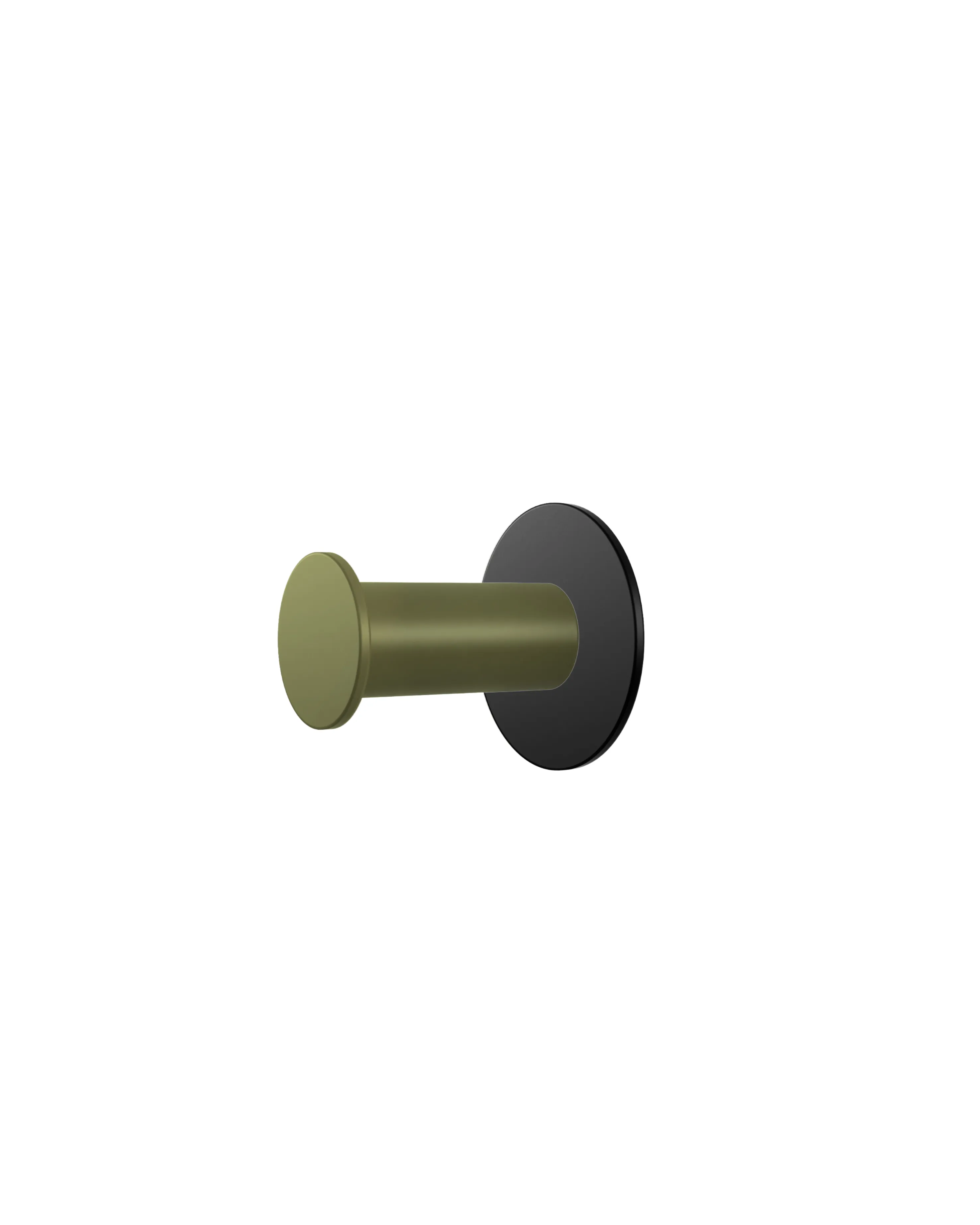 Wall hook with a round black base and a cylindrical hook in olive green color.