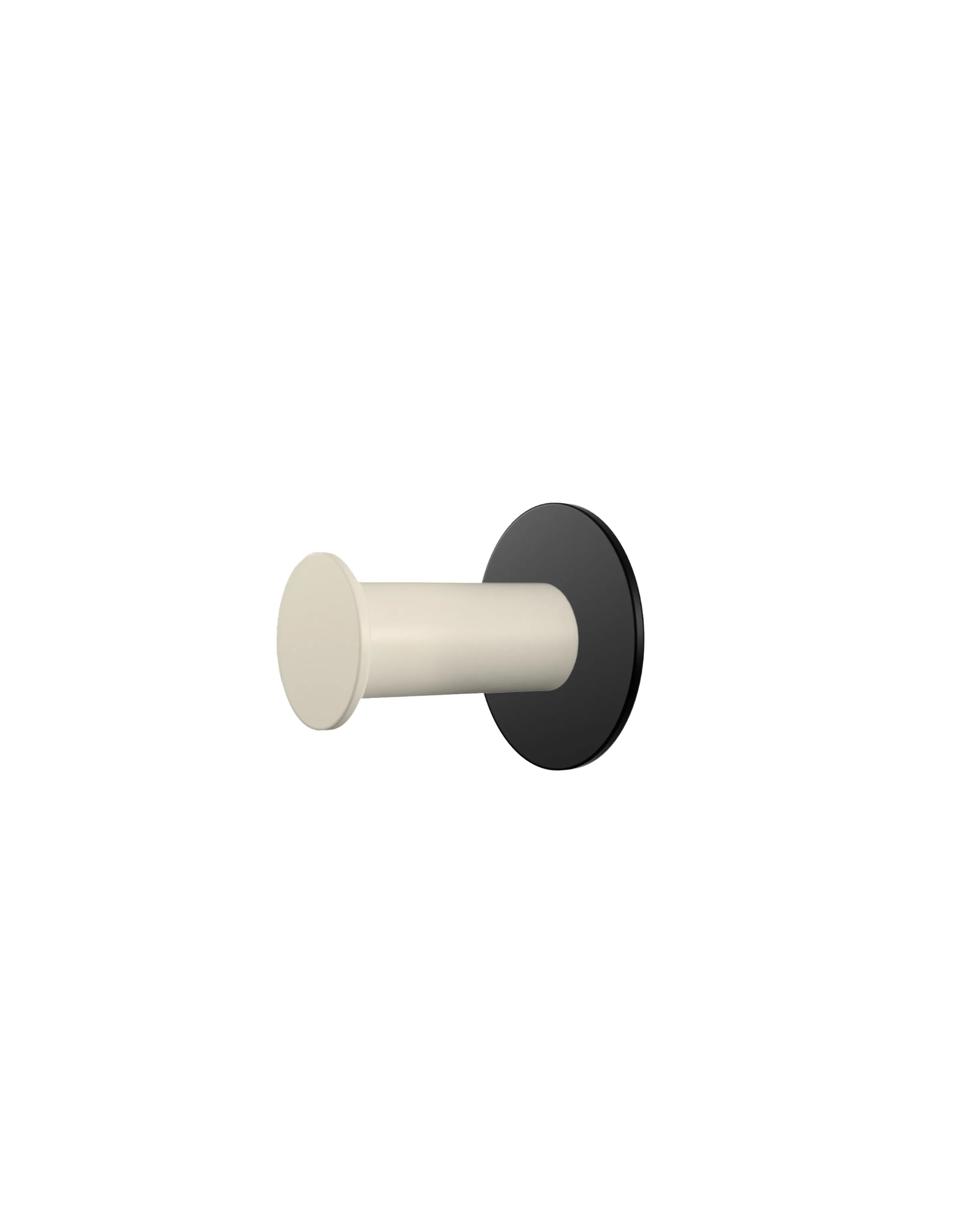 Wall hook with a round black base and a cream-colored cylindrical hook.