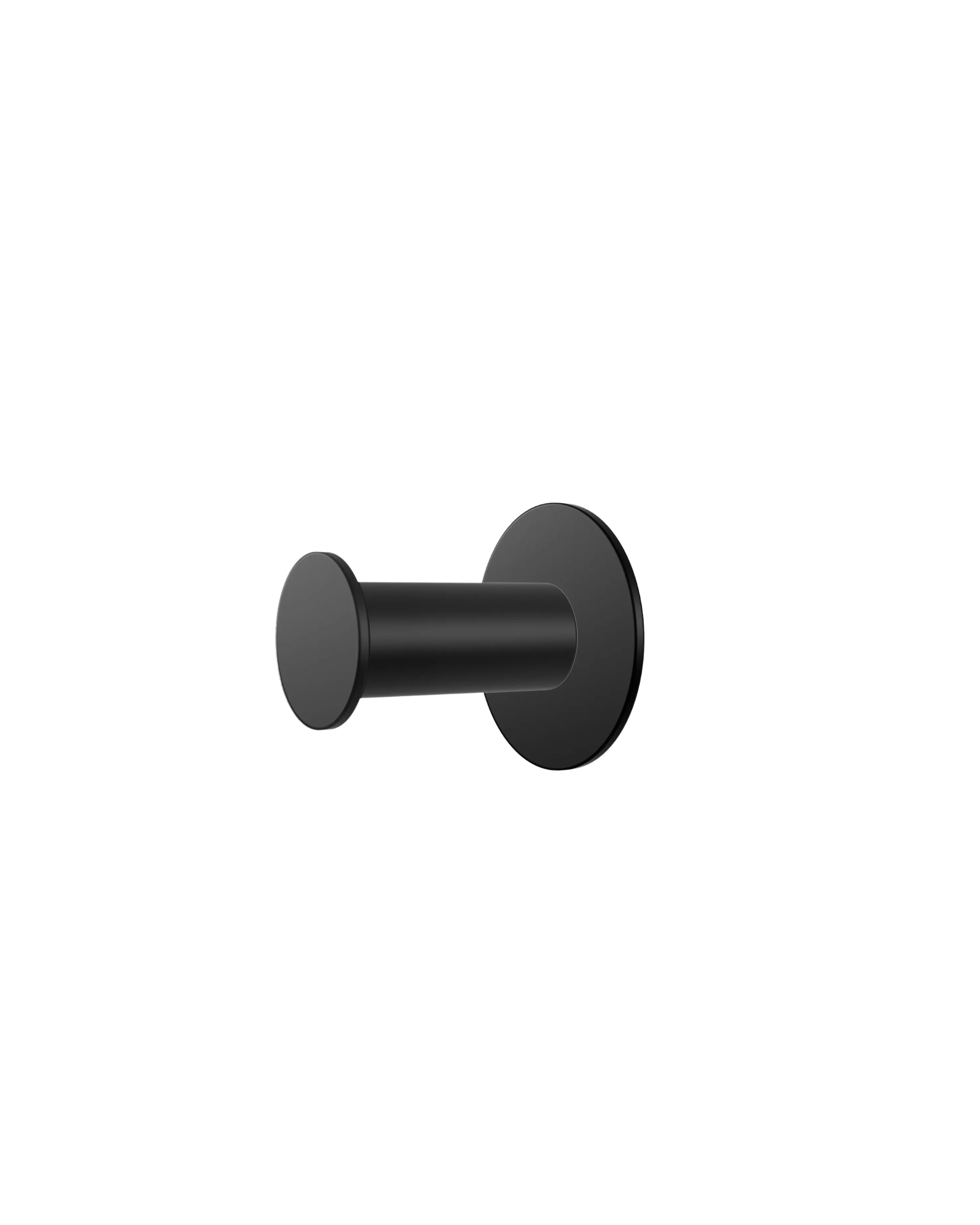 Wall hook with a round black base and a black cylindrical hook.