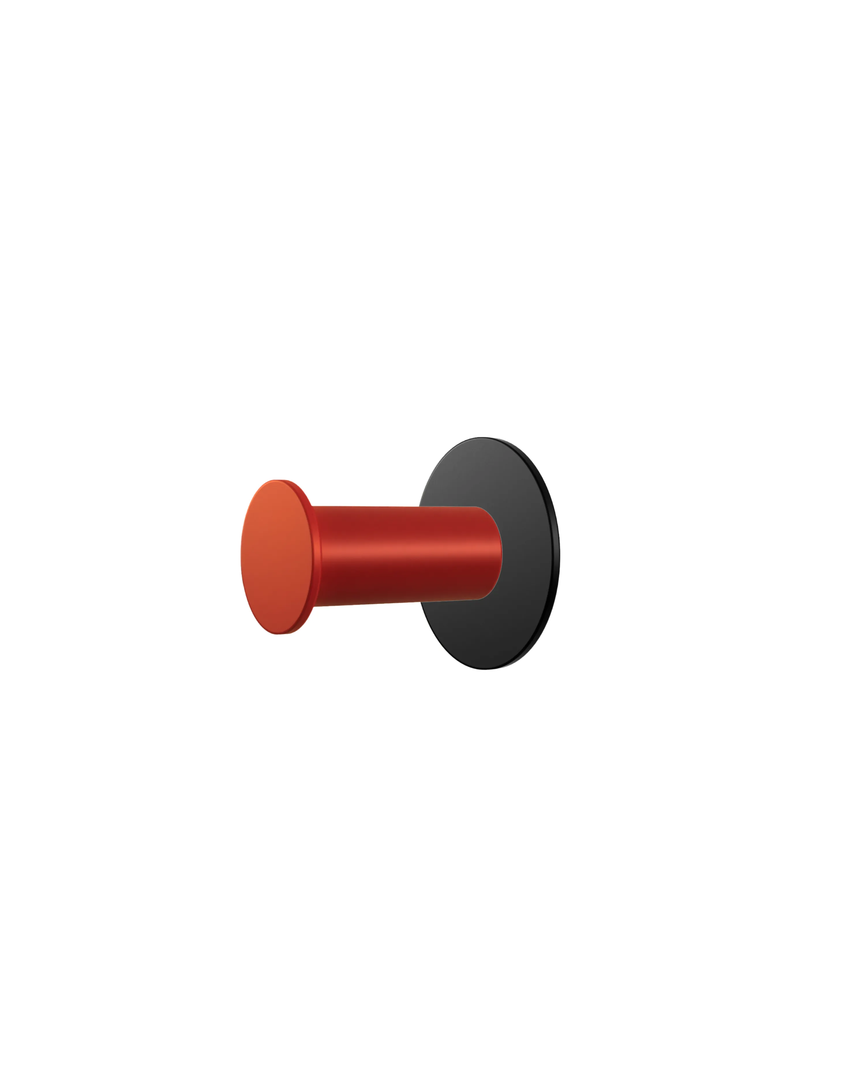 Wall hook with a round black base and a red cylindrical hook.