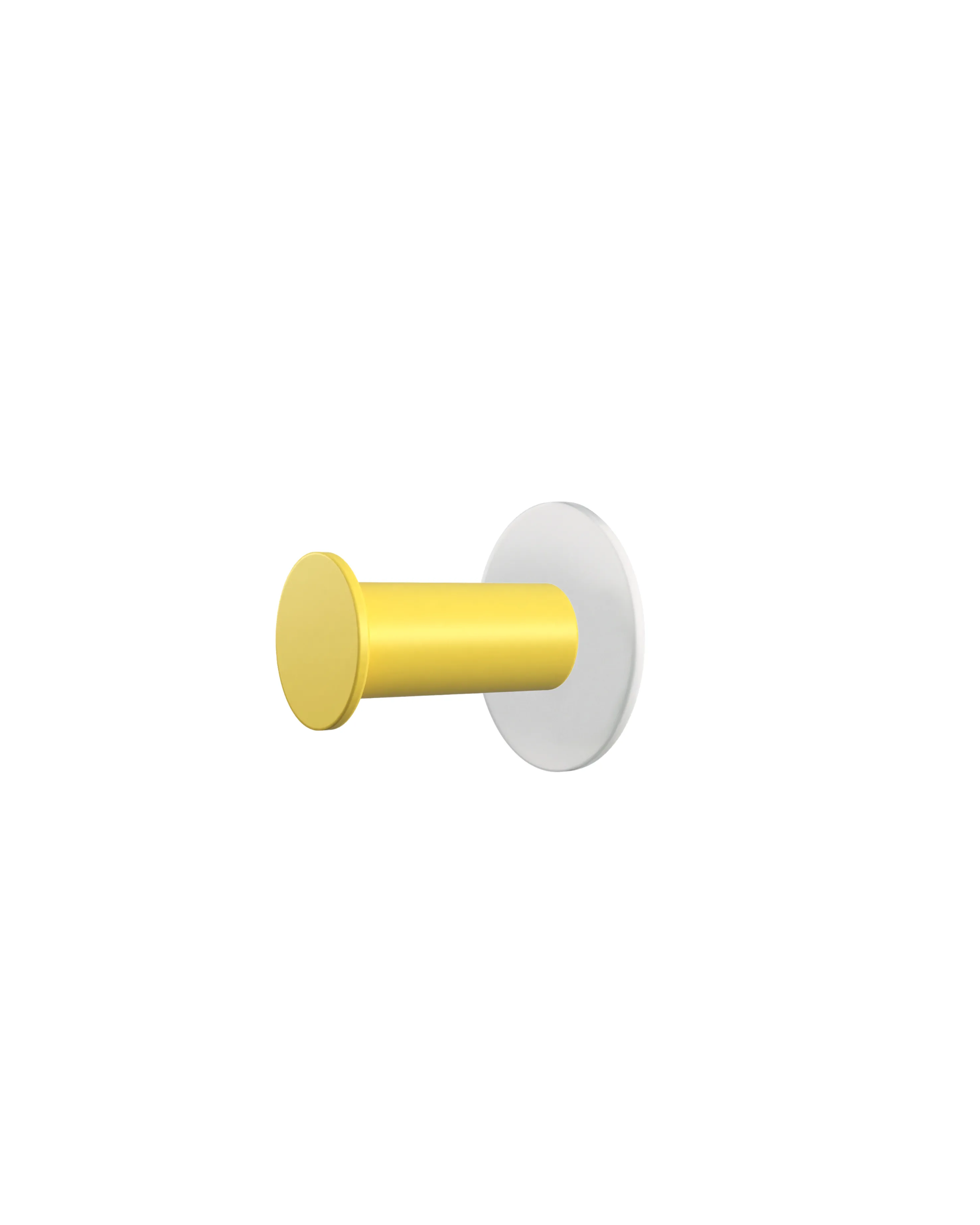Wall hook with a round white base and a yellow cylindrical hook.