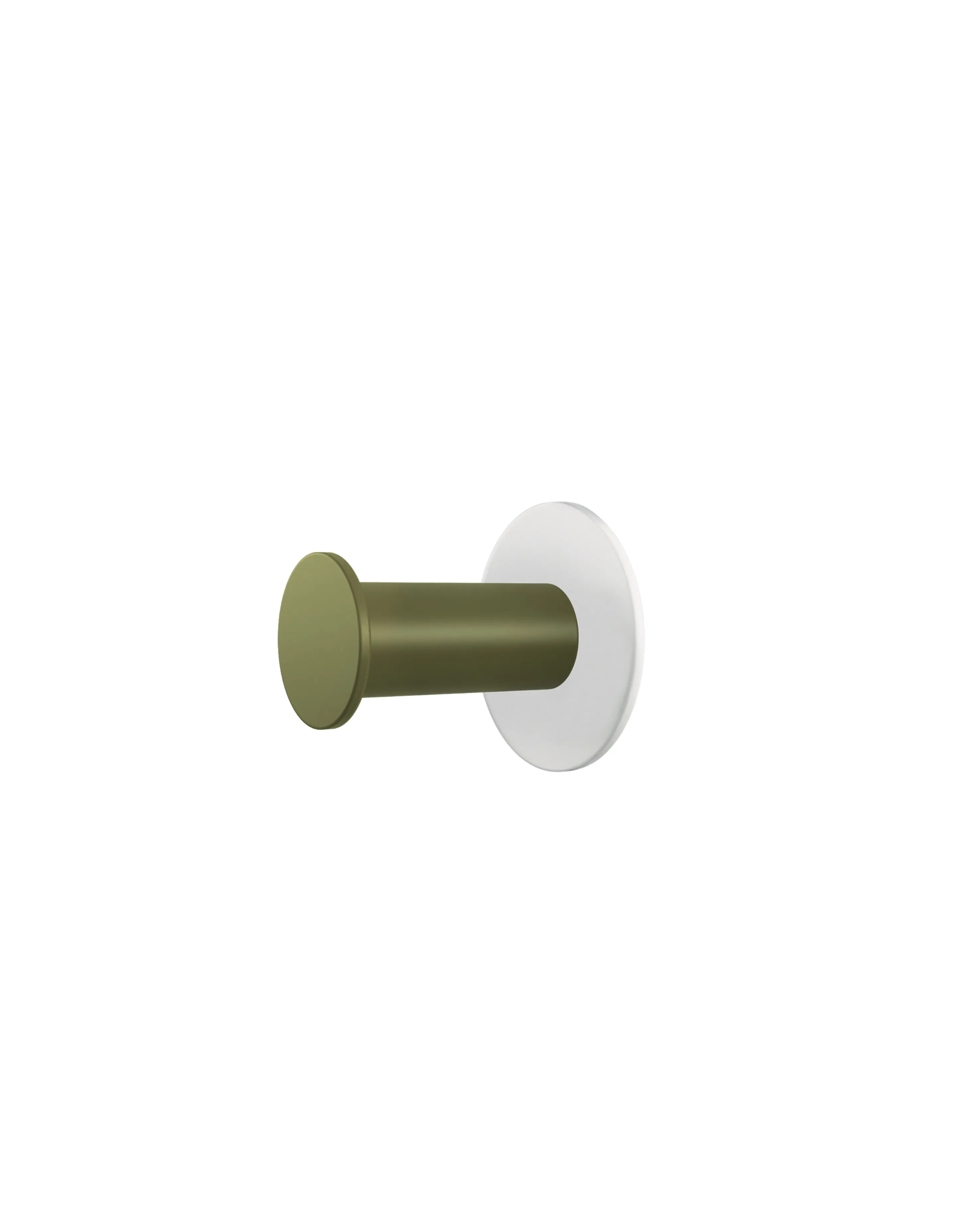 Wall hook with a round white base and a cylindrical hook in olive green color.