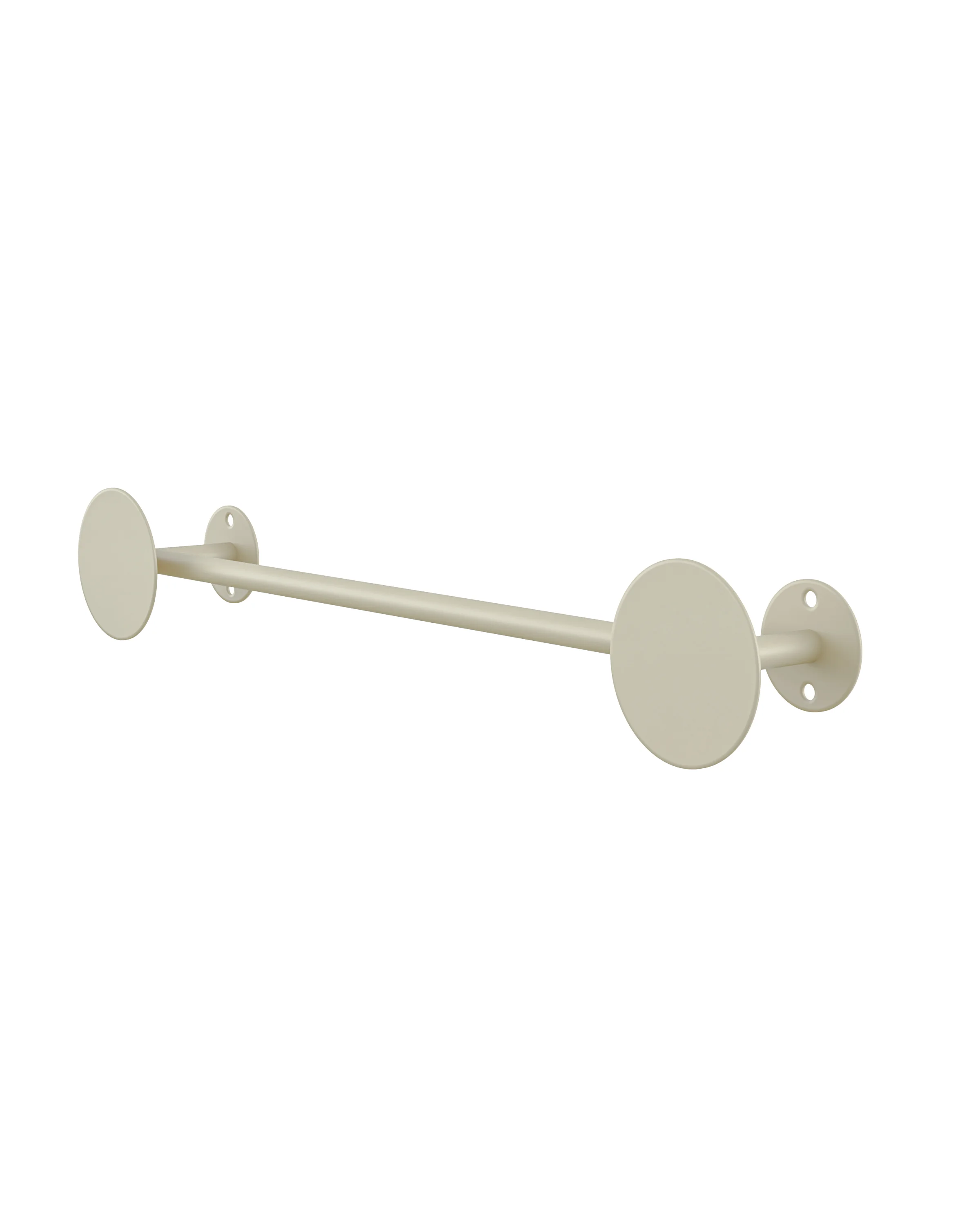 A beige popcorn wall hanger, with an elongated form, with two round elements connected by a longer rod. Simplicity and elegance in a matte finish. 