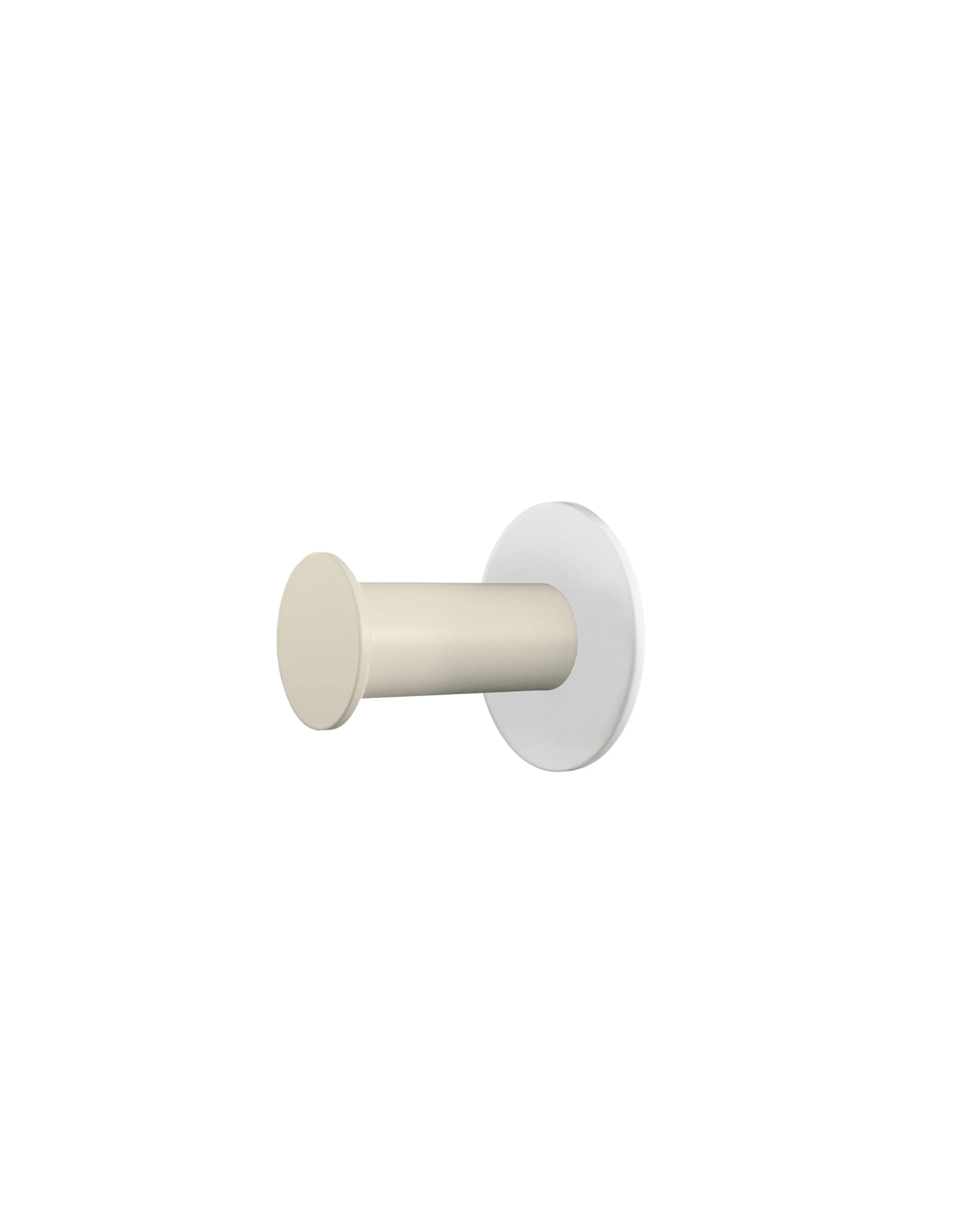 Wall hook with a round white base and a cream-colored cylindrical hook.
