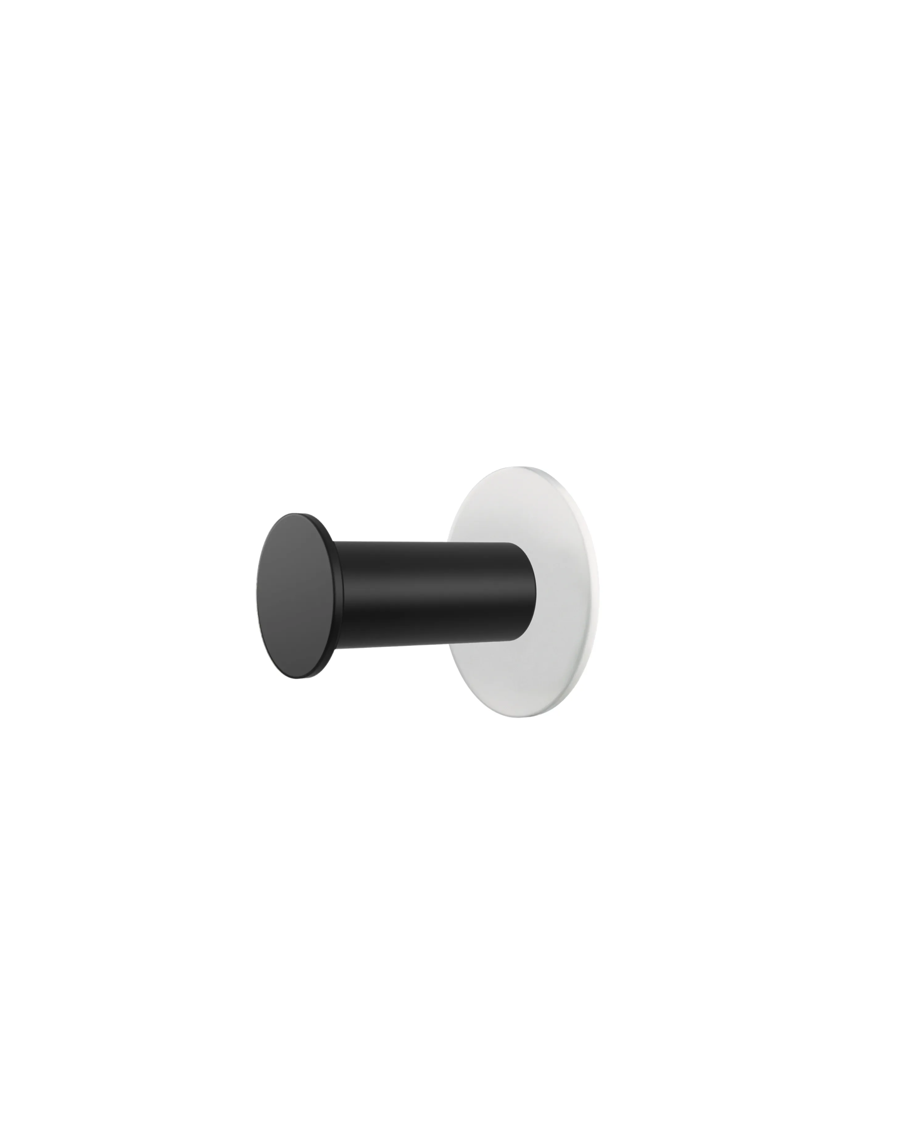 Wall hook with a round white base and a black cylindrical hook.
