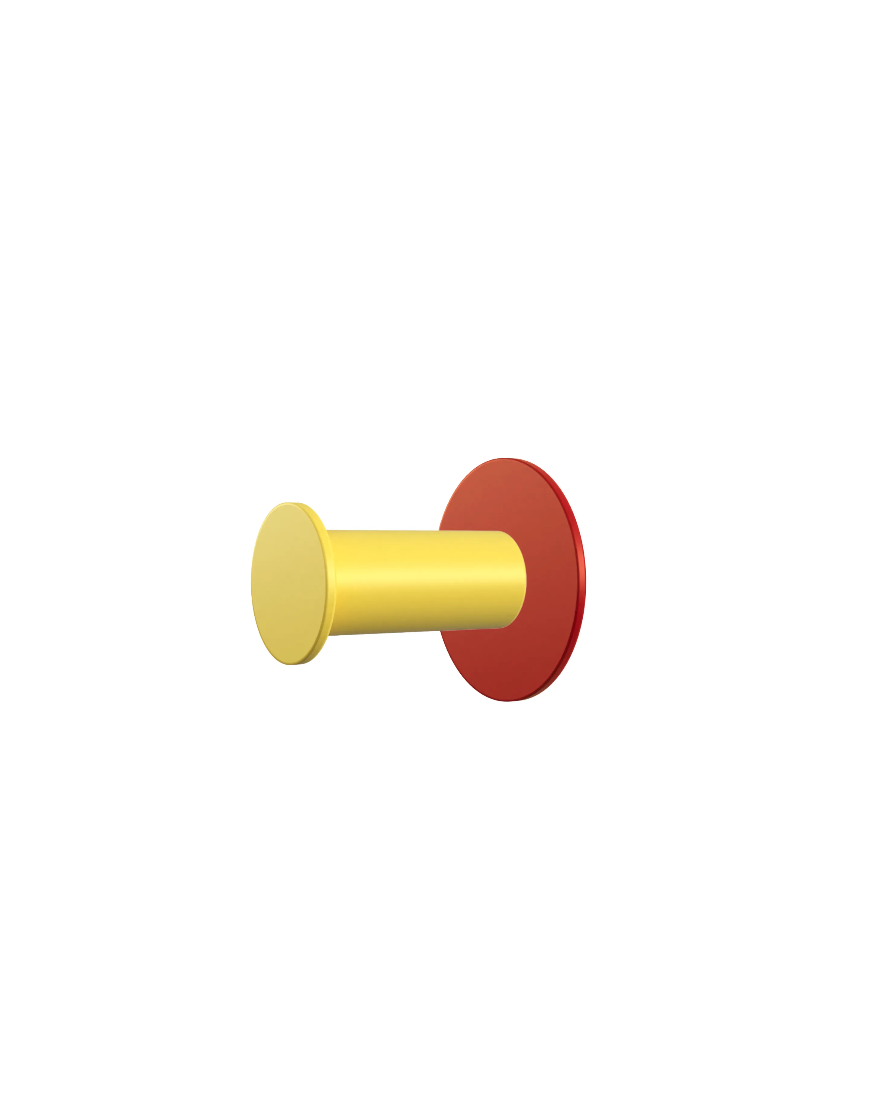 Wall hook with a round red base and a yellow cylindrical hook.