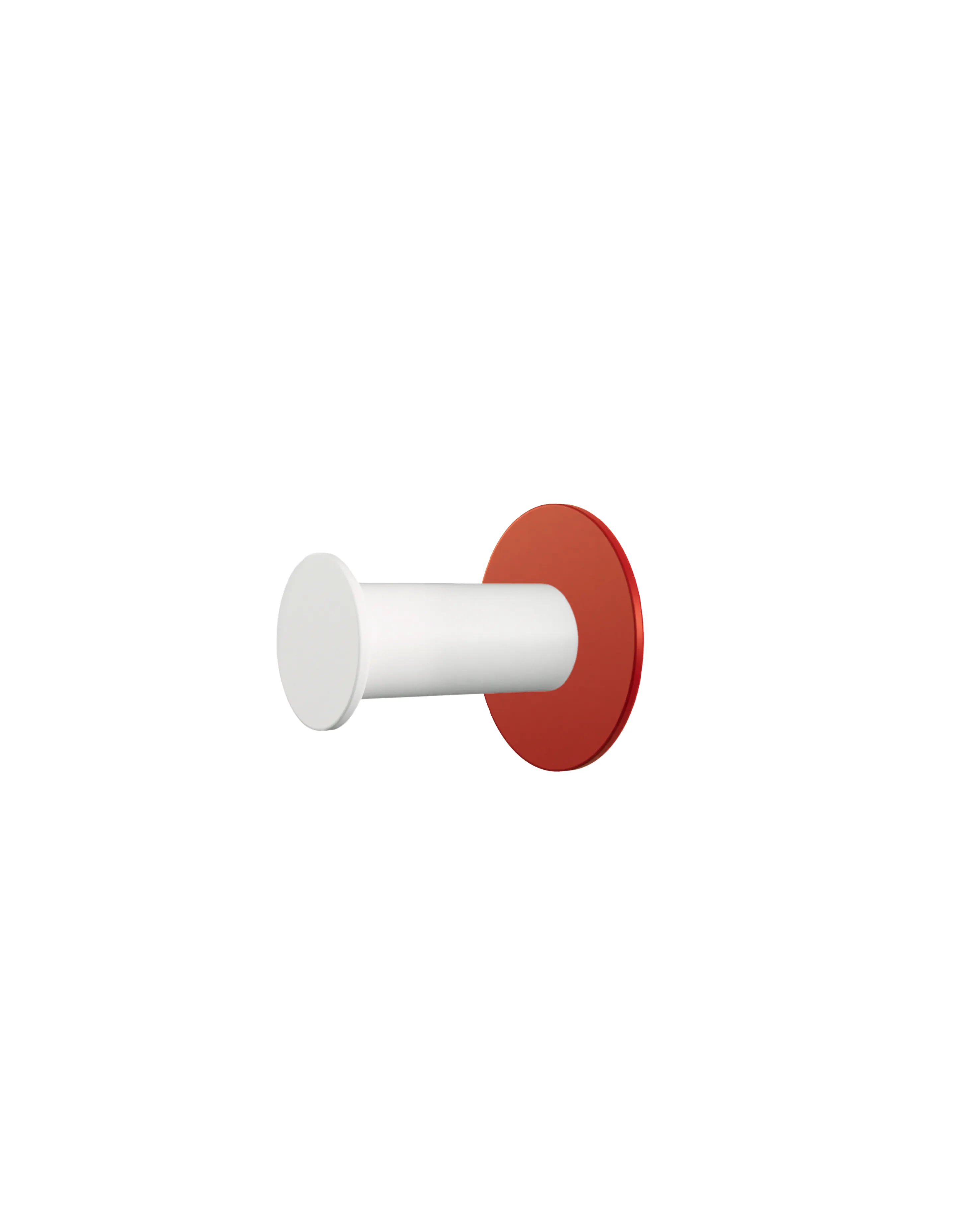 Wall hook with a round red base and a white cylindrical hook.