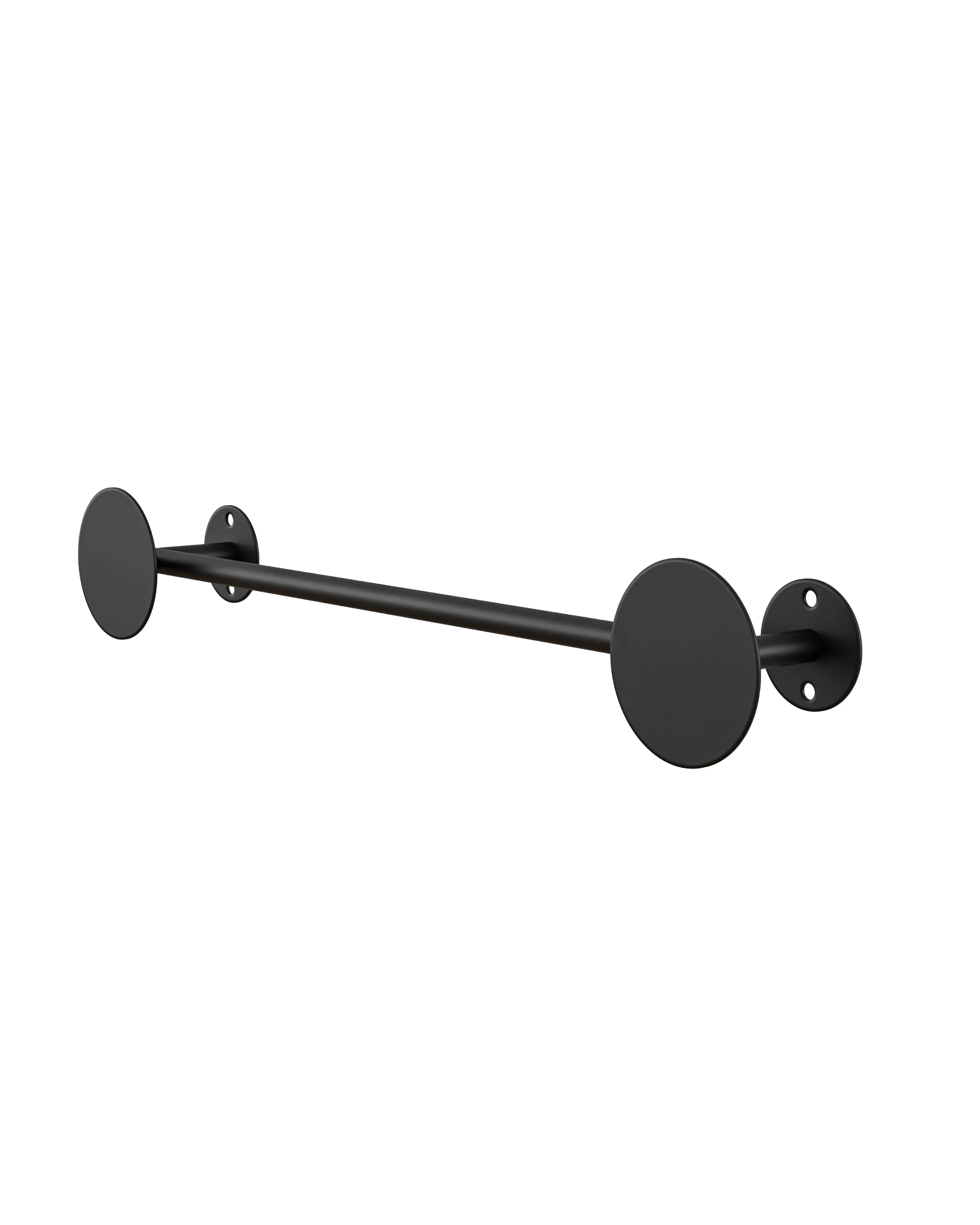 The image shows a black towel hanger, made of metal, with two round handles at the ends. The hanger has a simple, minimalist design and is mounted on the wall. 