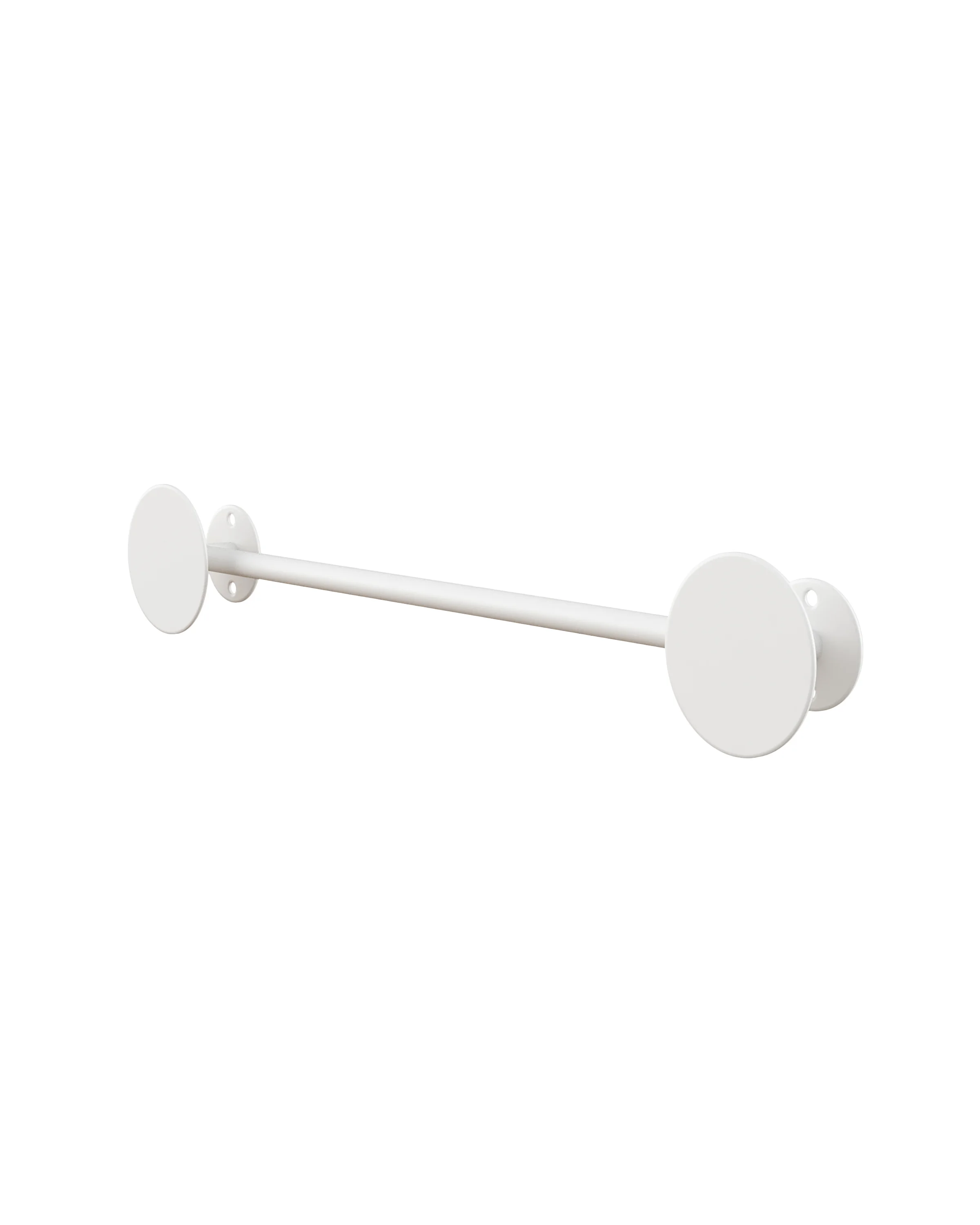 Wall hanger in the RAL 9003 shade (white), with a minimalist design with two round elements connected by a transverse tube. Smooth, matte finish. 