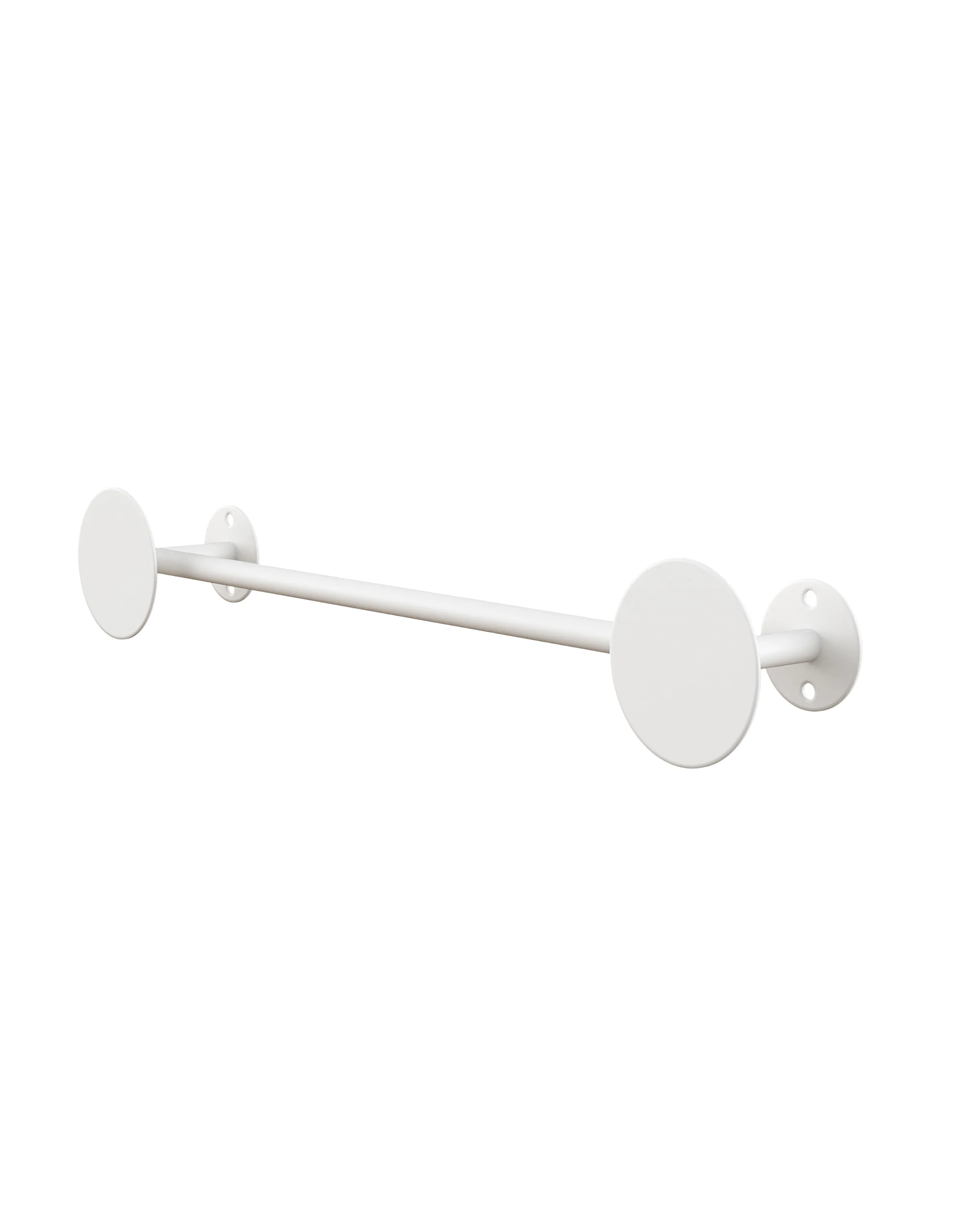 White towel hanger, made of metal, with two round handles at the ends. It is mounted on the wall and has a simple, elegant structure. 