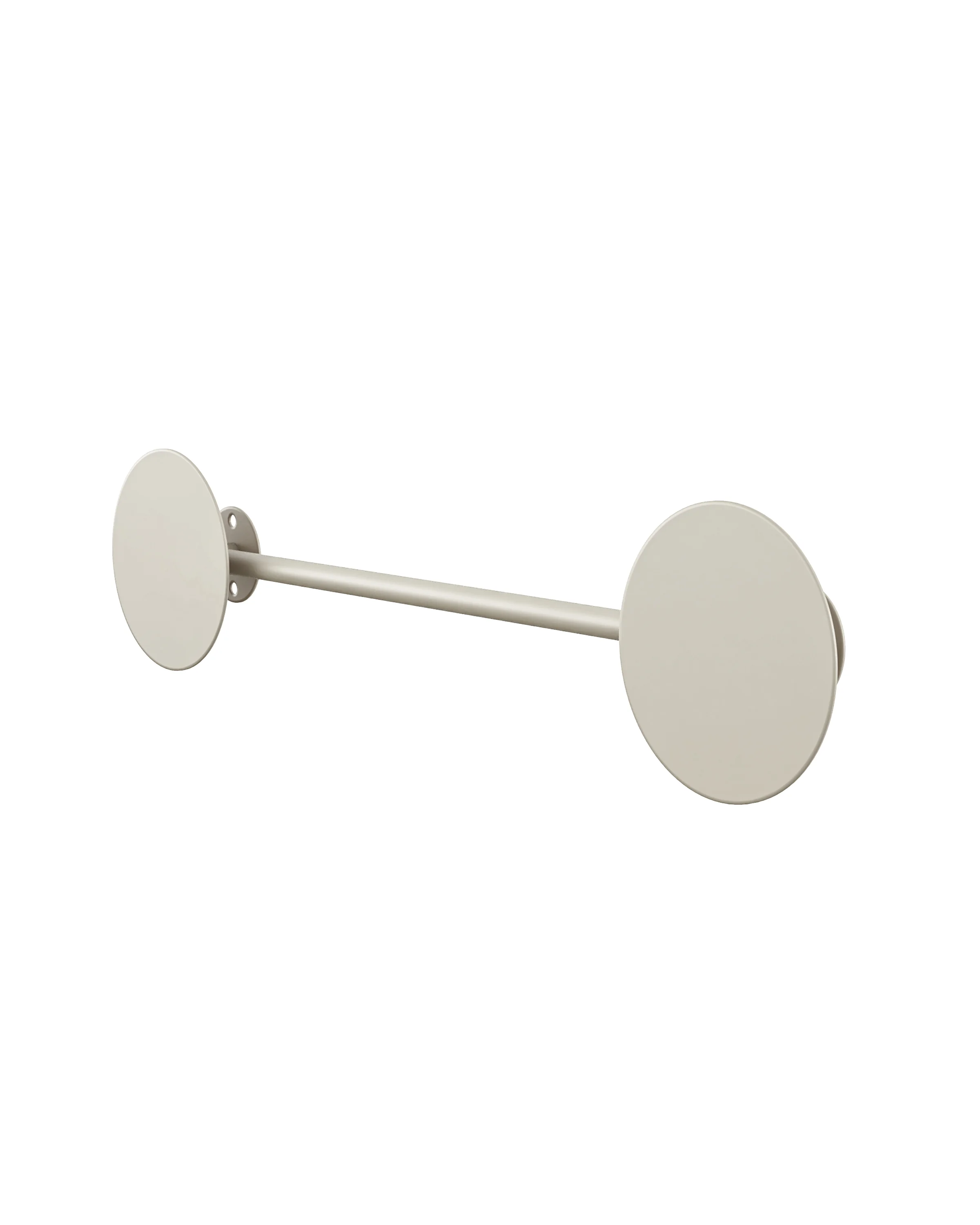 Beige metal wall hanger with a simple design, reminiscent of popcorn, with two round mounts and a rod. 