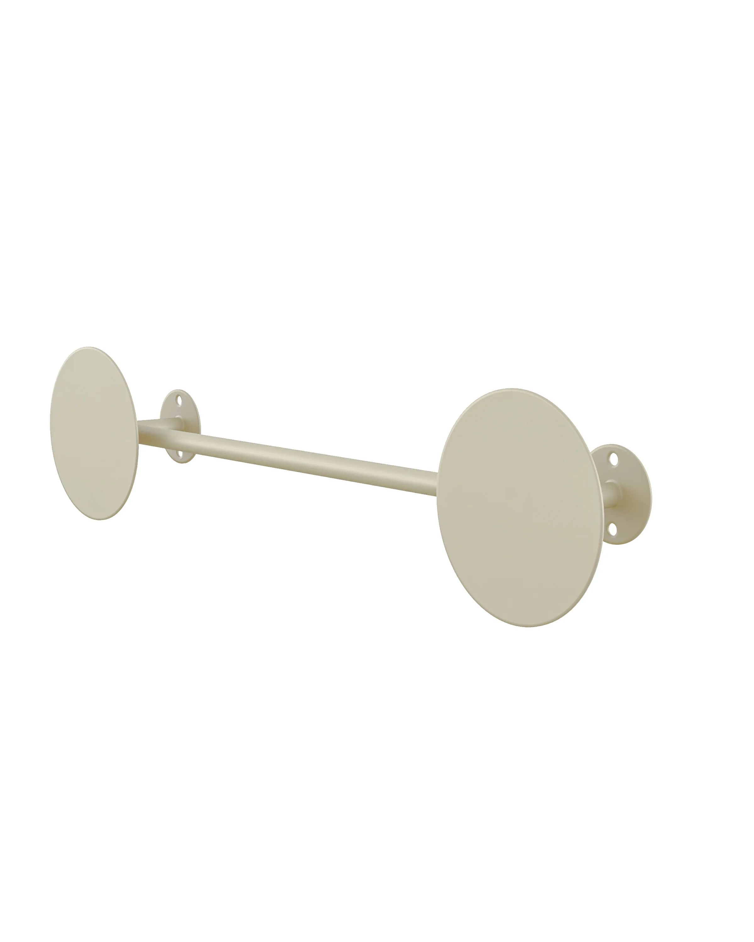 A longer beige wall hanger in a shade of popcorn, with two round mounts and a long rod. 