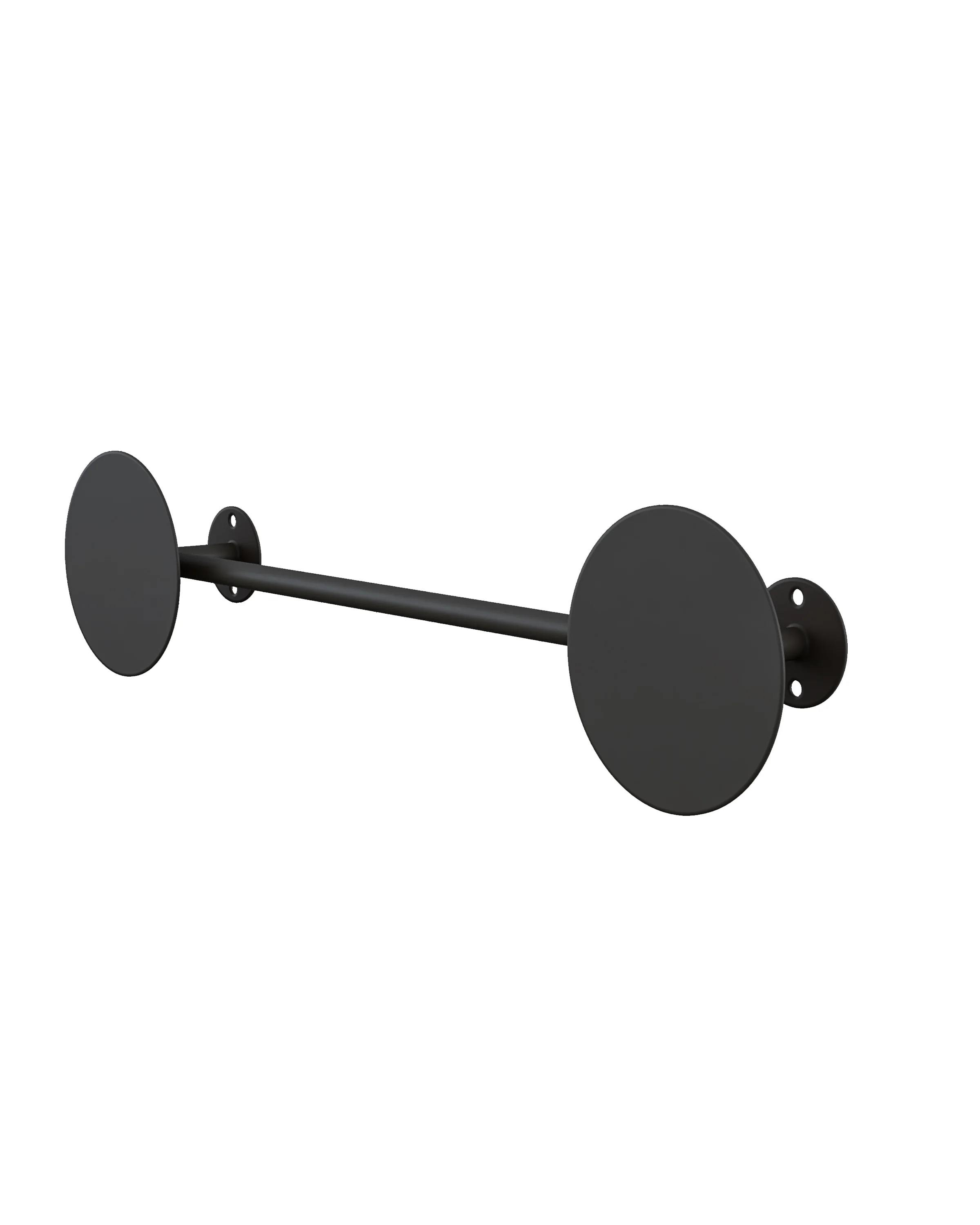 Black metal wall hanger (RAL 9005), with a horizontal tube connected to two round mounting discs. 