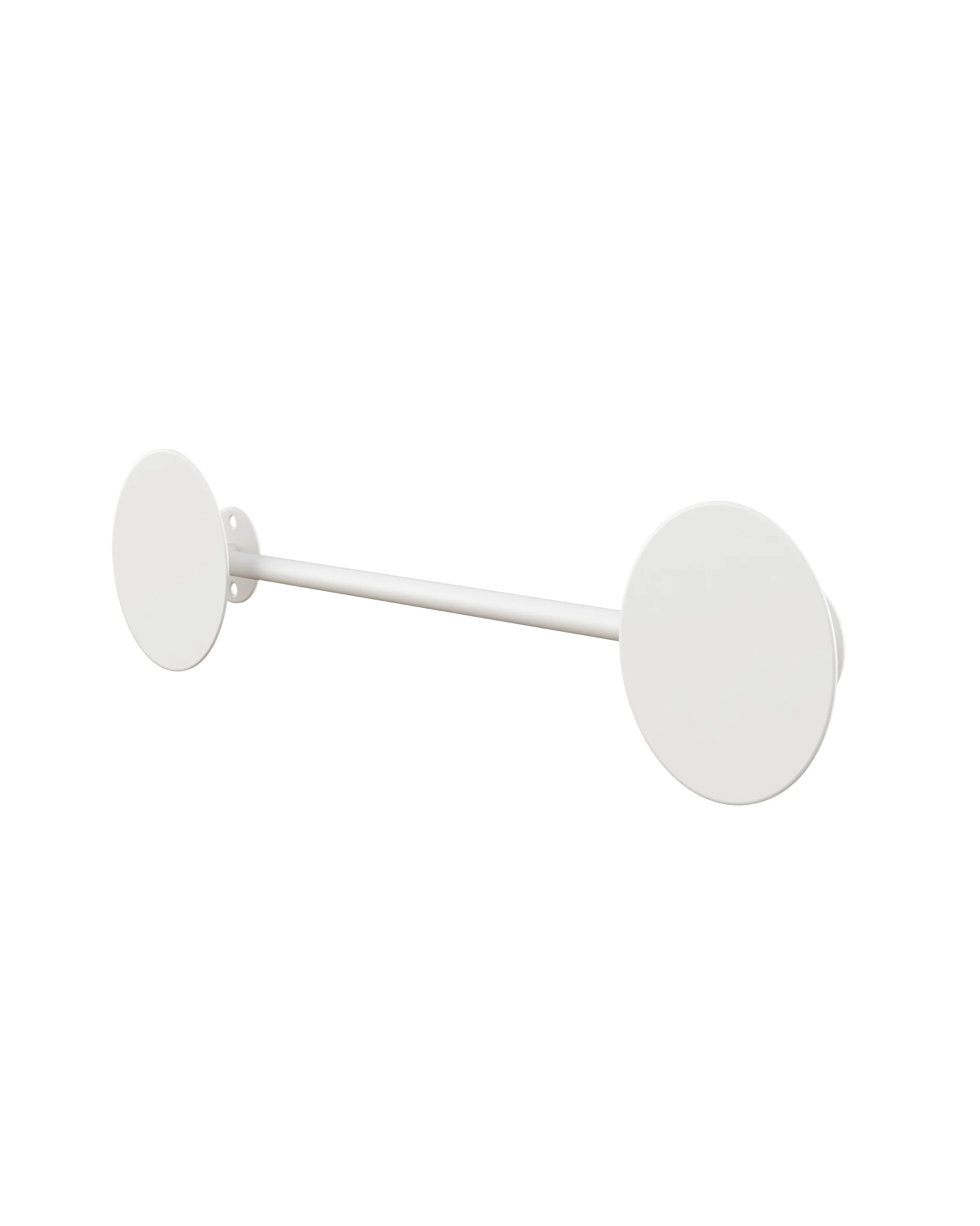 White metal wall hanger (RAL 9003), with a simple, modern design. It consists of two round fasteners and a rod between them. 