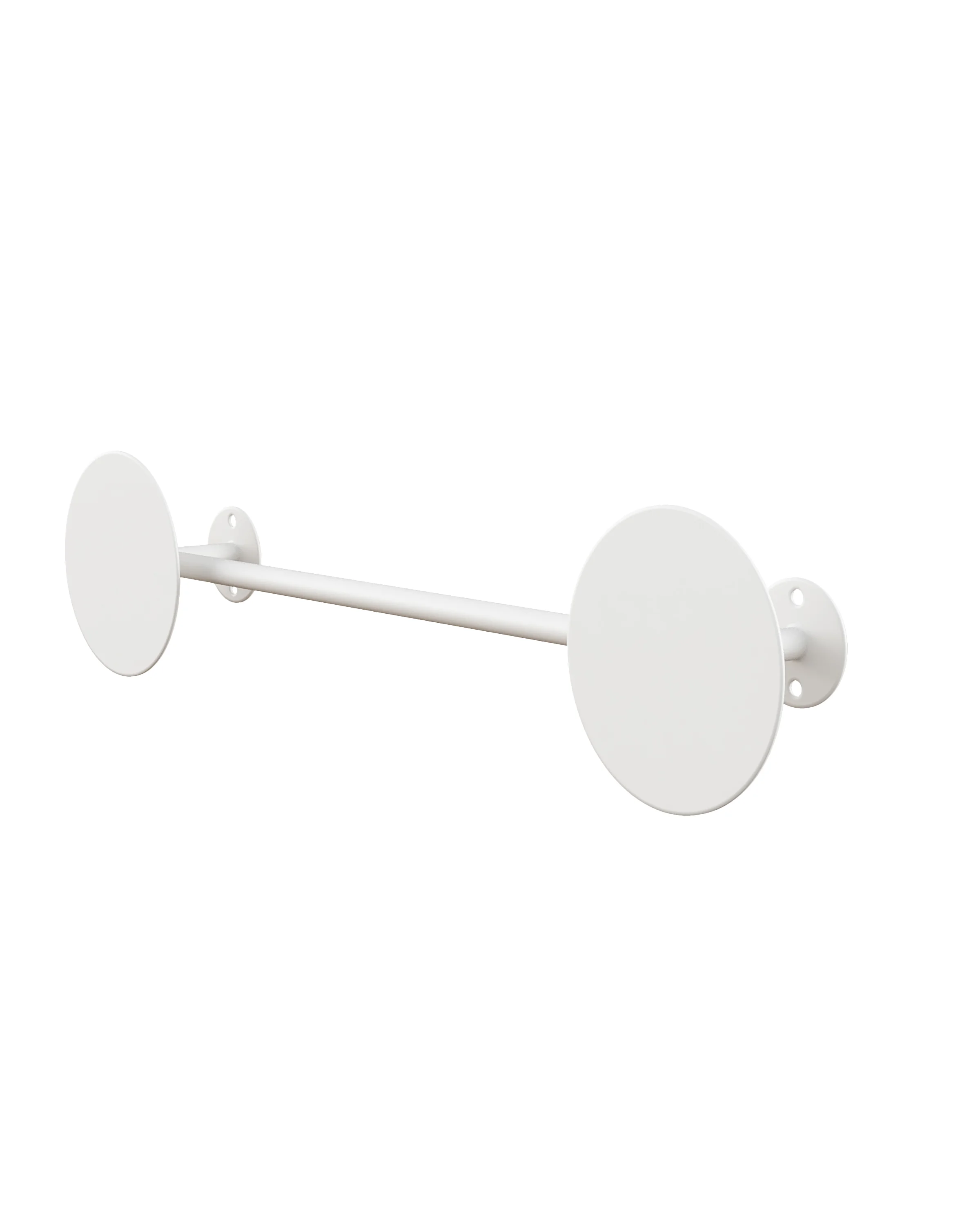 White metal wall hanger (RAL 9003), with a horizontal tube connected to two round mounting discs. 