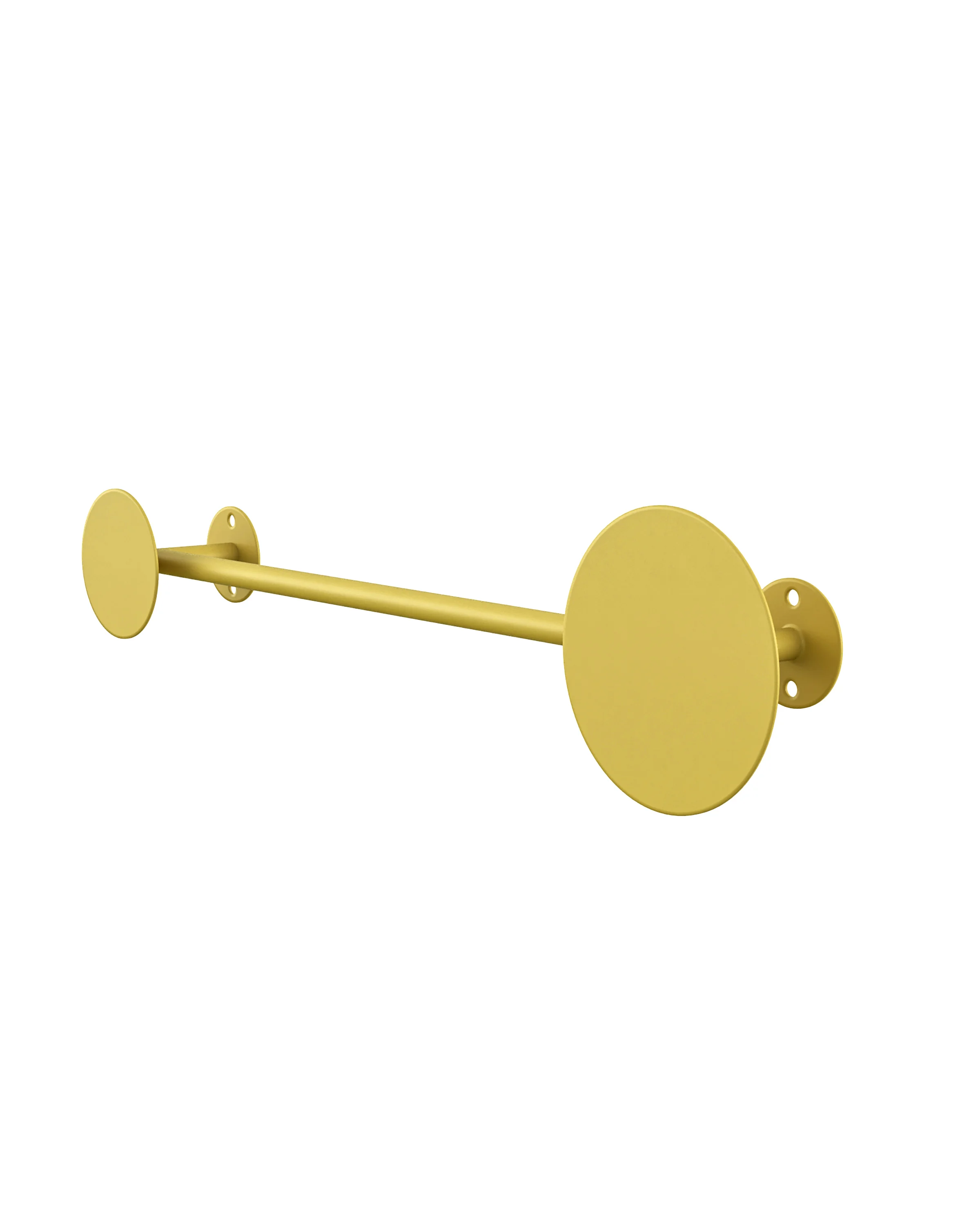 Yellow metal wall hanger, with a horizontal tube connected to two round mounting discs. 