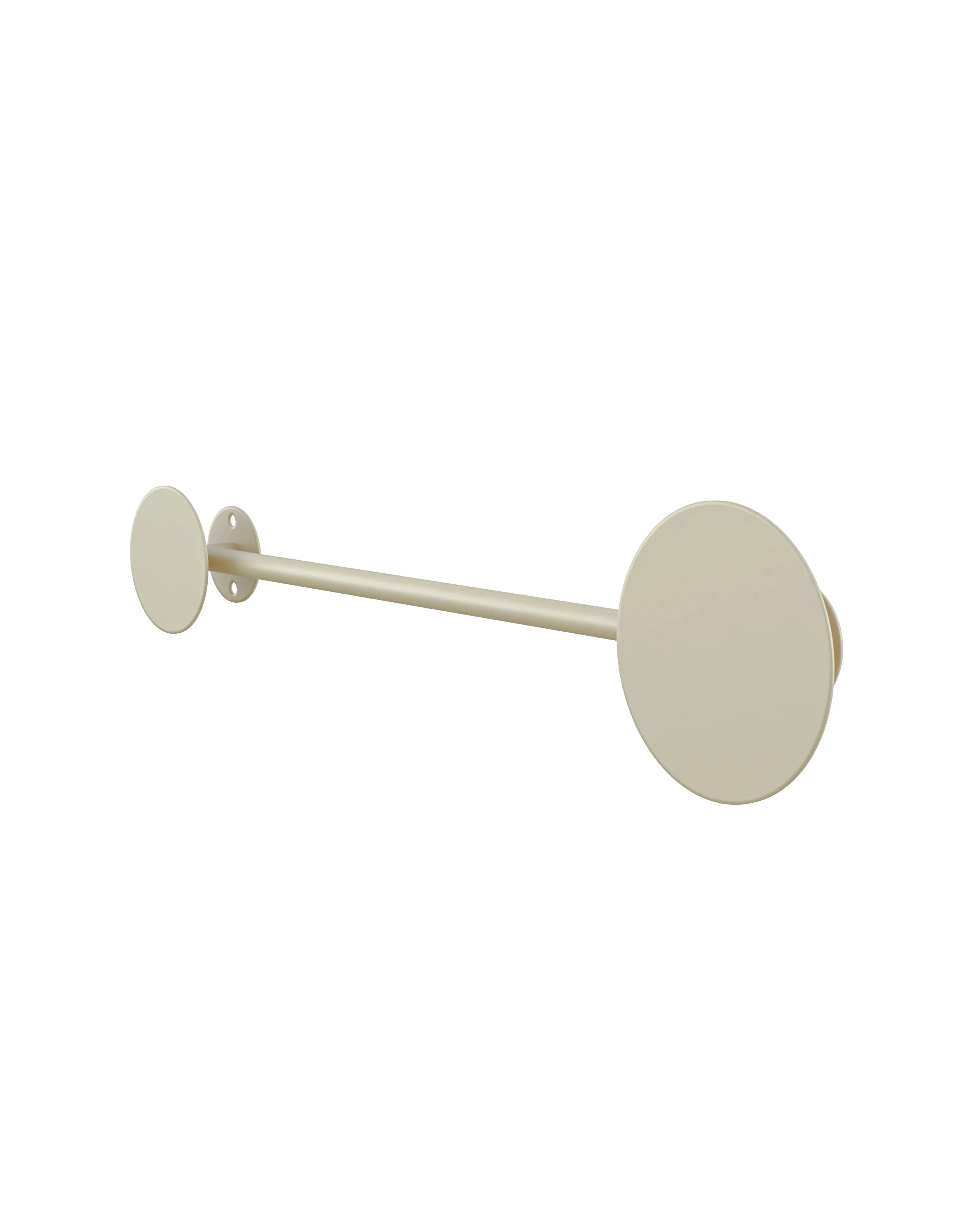 Beige metal wall hanger (popcorn), with a horizontal tube connected to two round mounting discs. 