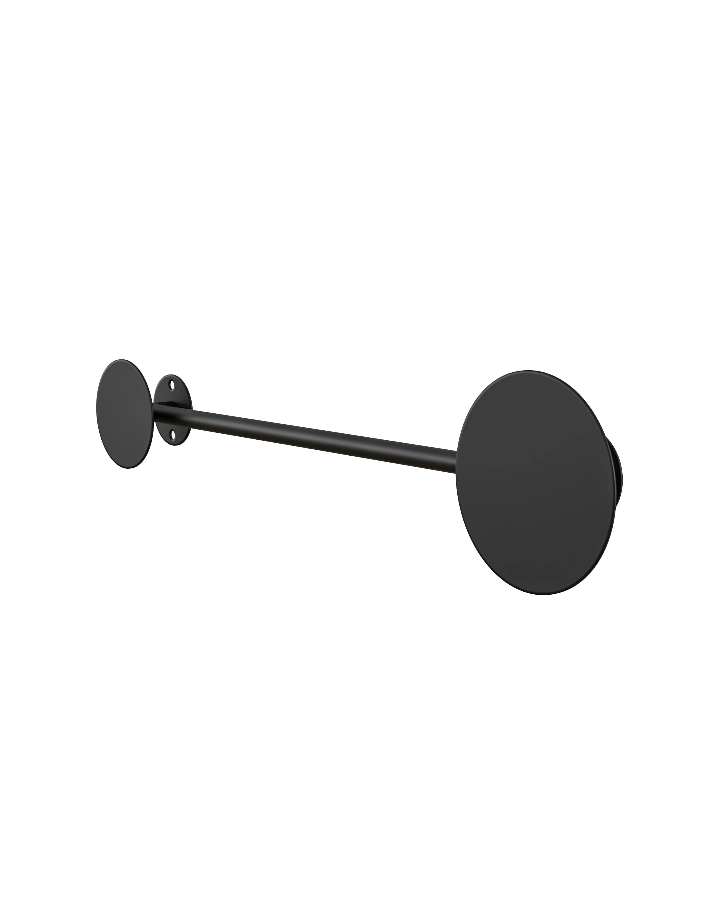 Black metal wall hanger (RAL 9005), with a horizontal tube connected to two round mounting discs. 