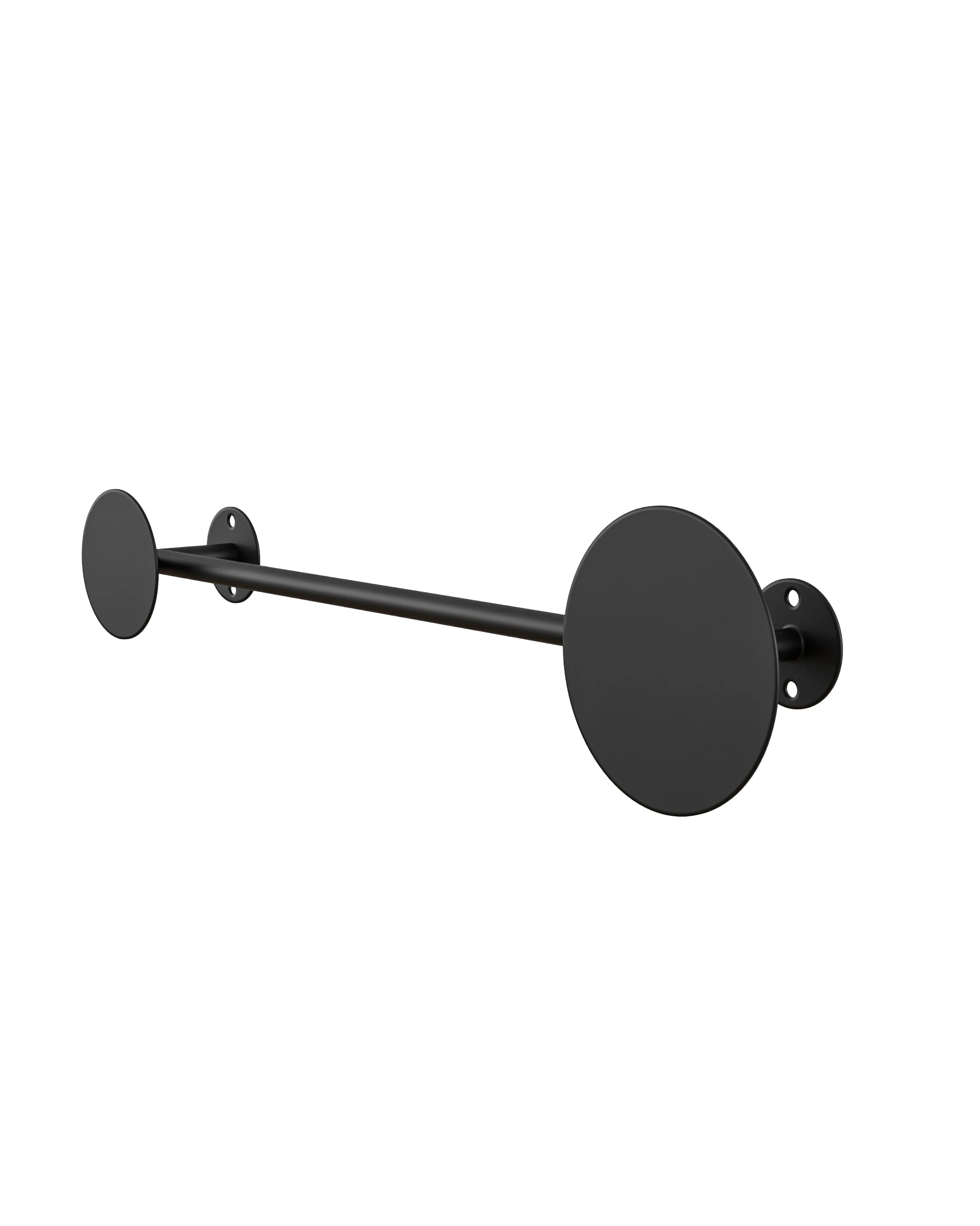 Black metal wall hanger (RAL 9005), with a horizontal tube connected to two round mounting discs. 