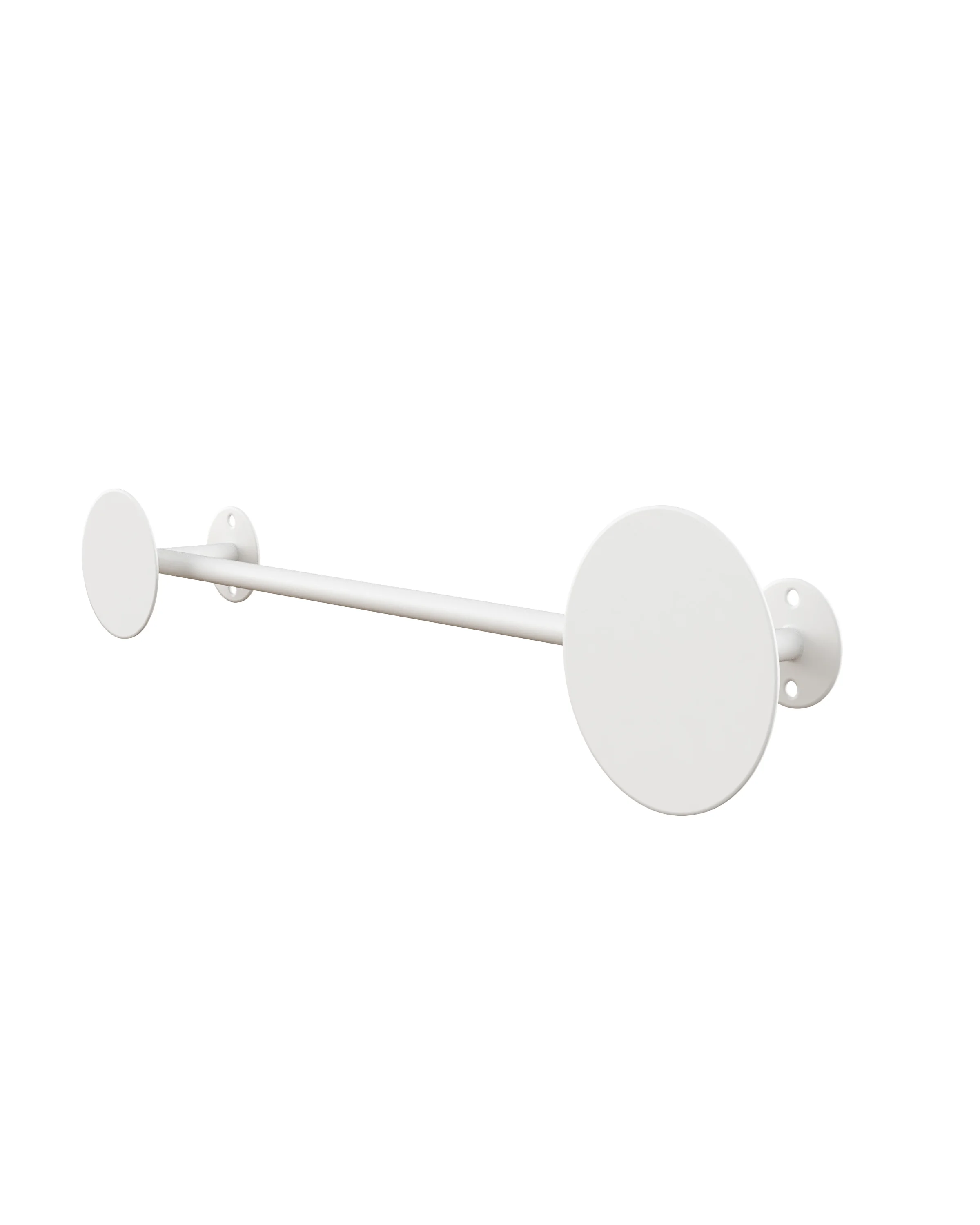 White metal wall hanger (RAL 9003), with a horizontal tube connected to two round mounting discs. 