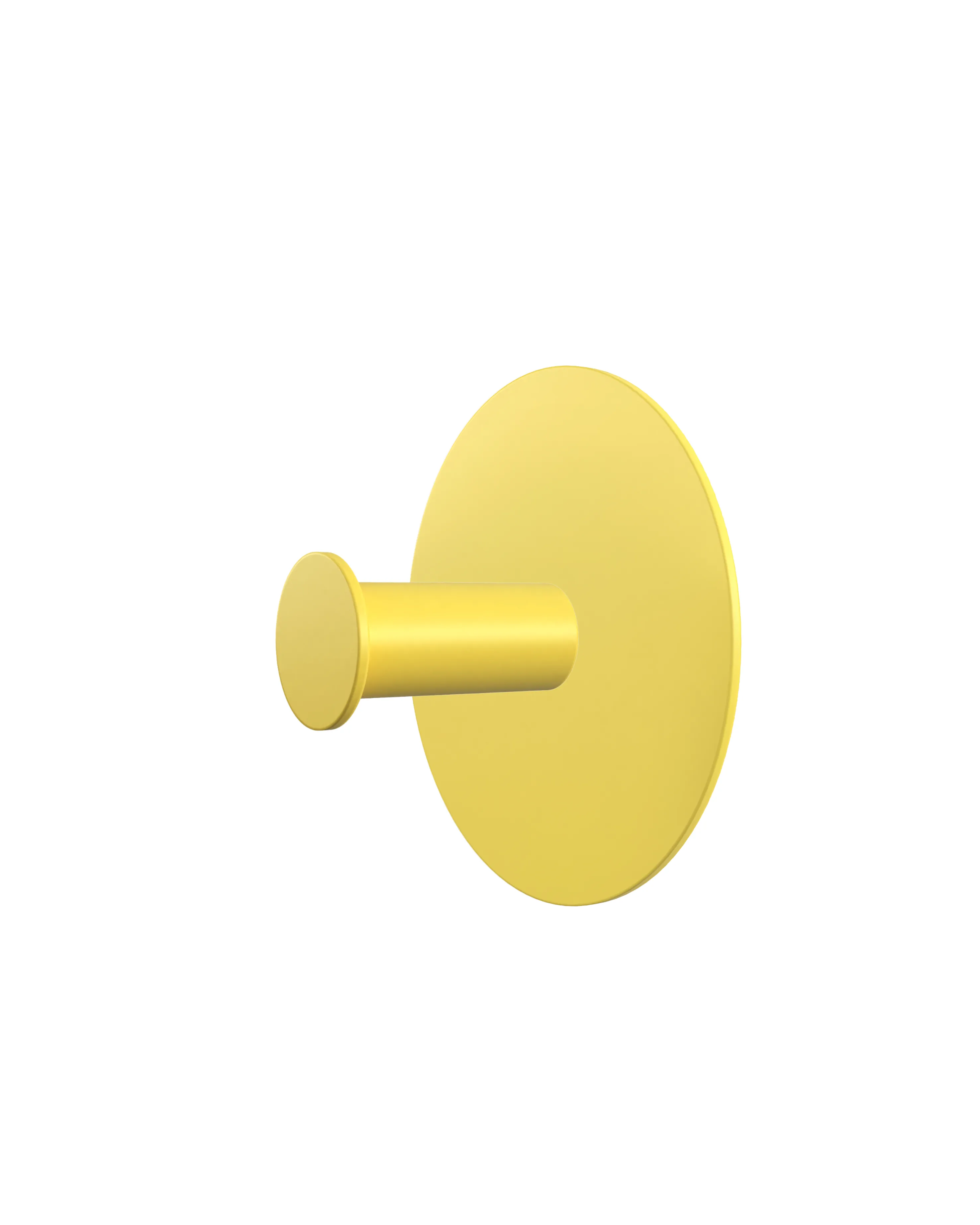 Wall hook with a round yellow base and a yellow cylindrical hook.