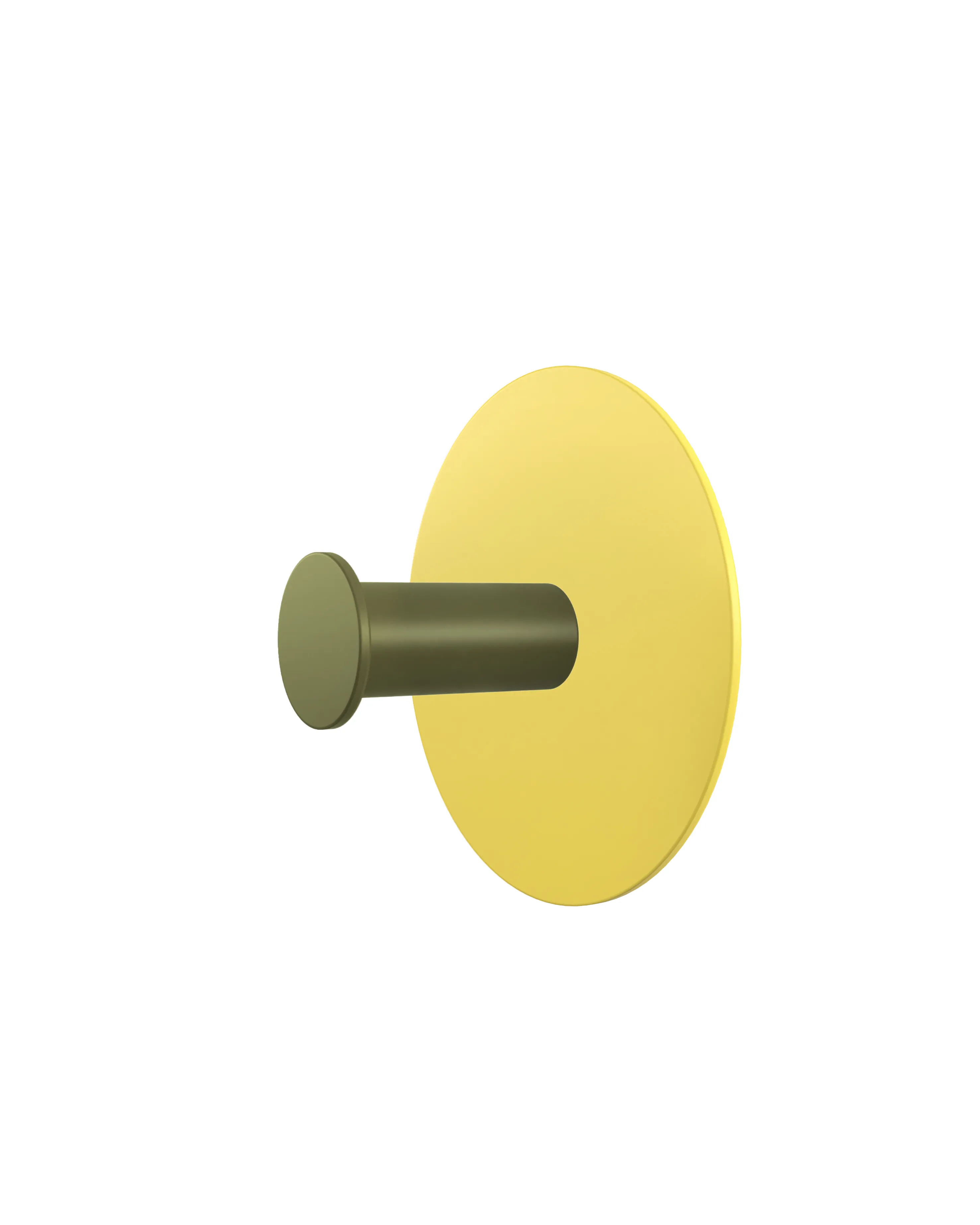 Wall hook with a round yellow base and an olive green cylindrical hook.