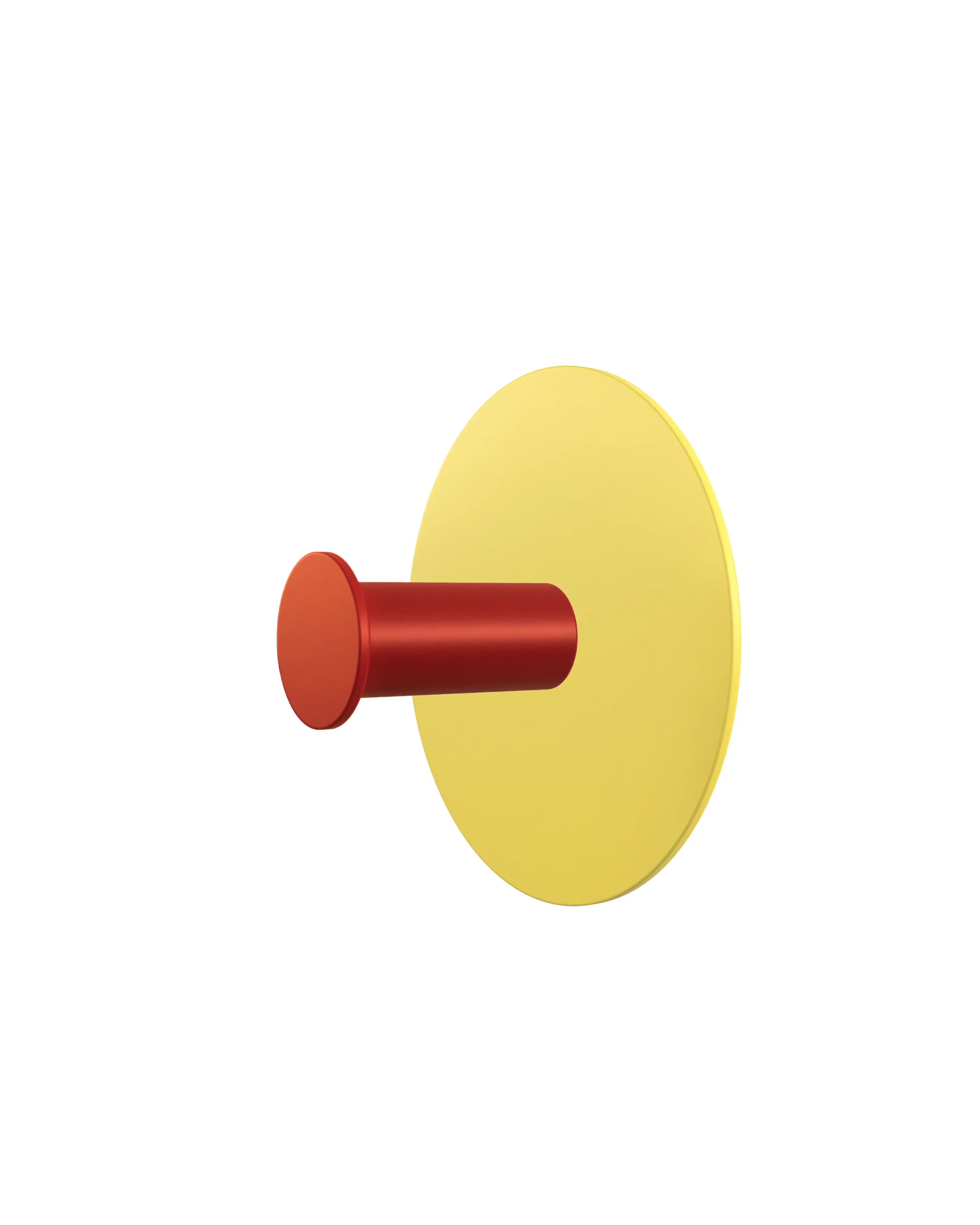 Wall hook with a round yellow base and a red cylindrical hook.