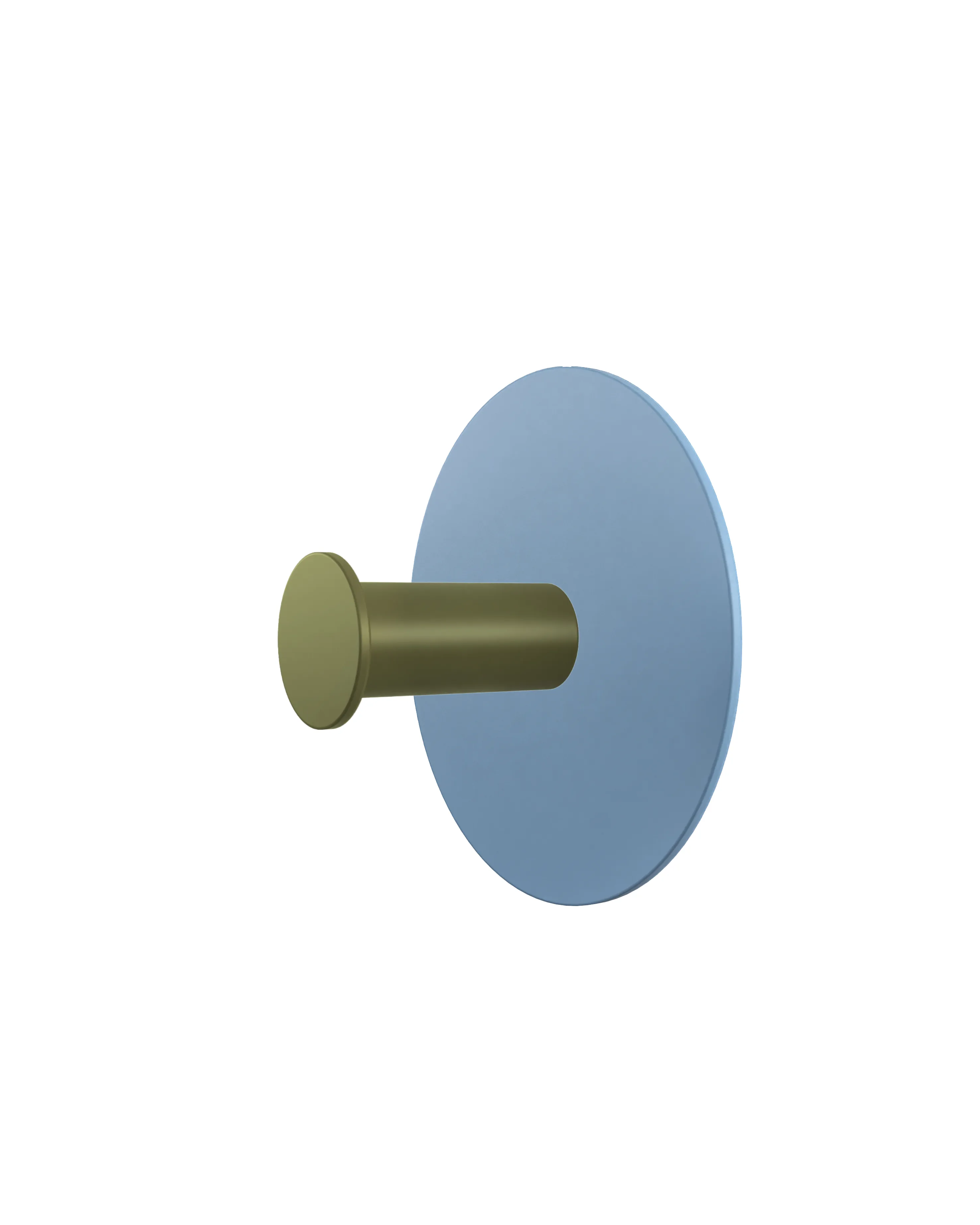 Wall hook with a round light blue base and an olive green cylindrical hook. Product shown on a white background.