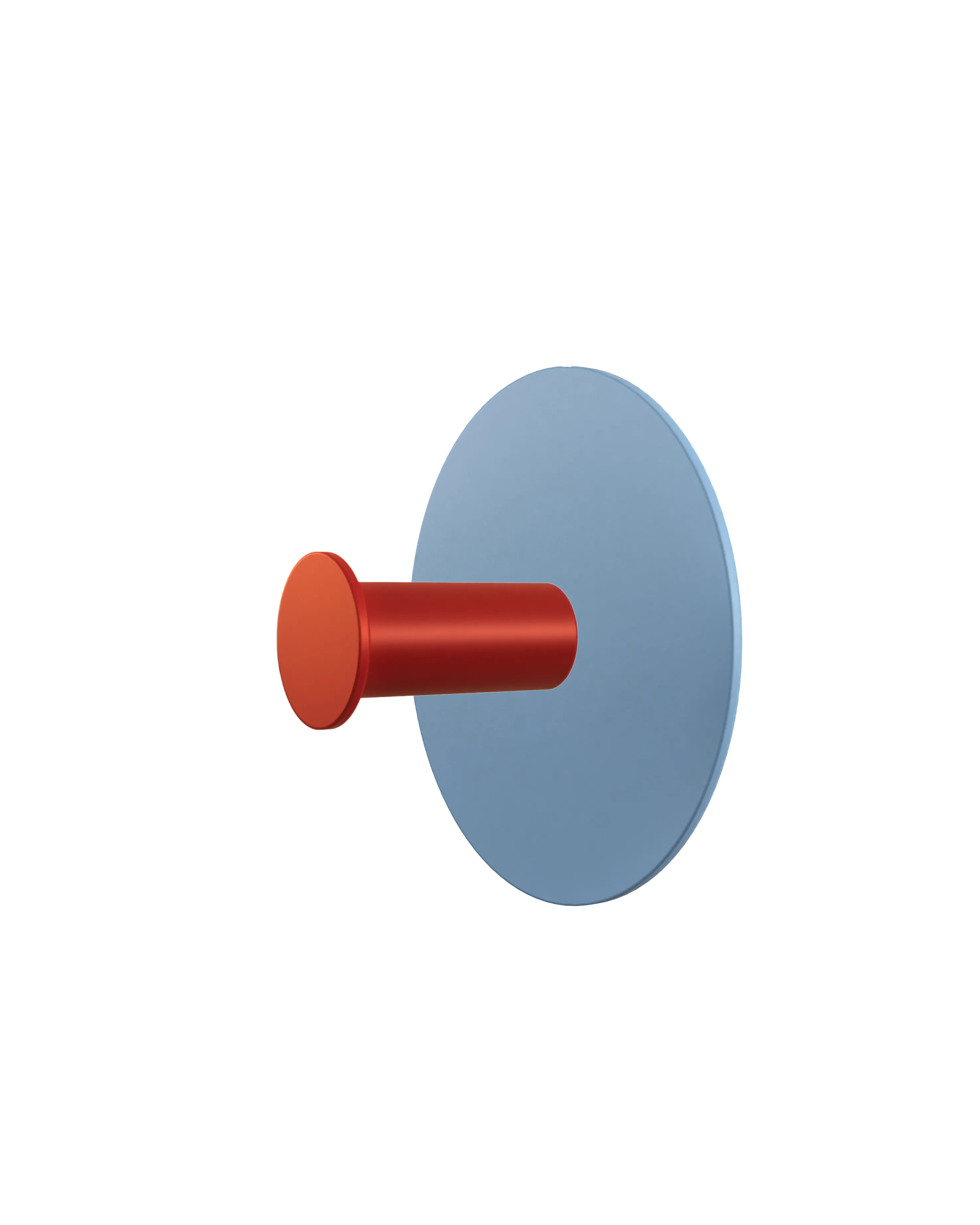 Wall hook with a round light blue base and a red cylindrical hook. Minimalist form on a white background.