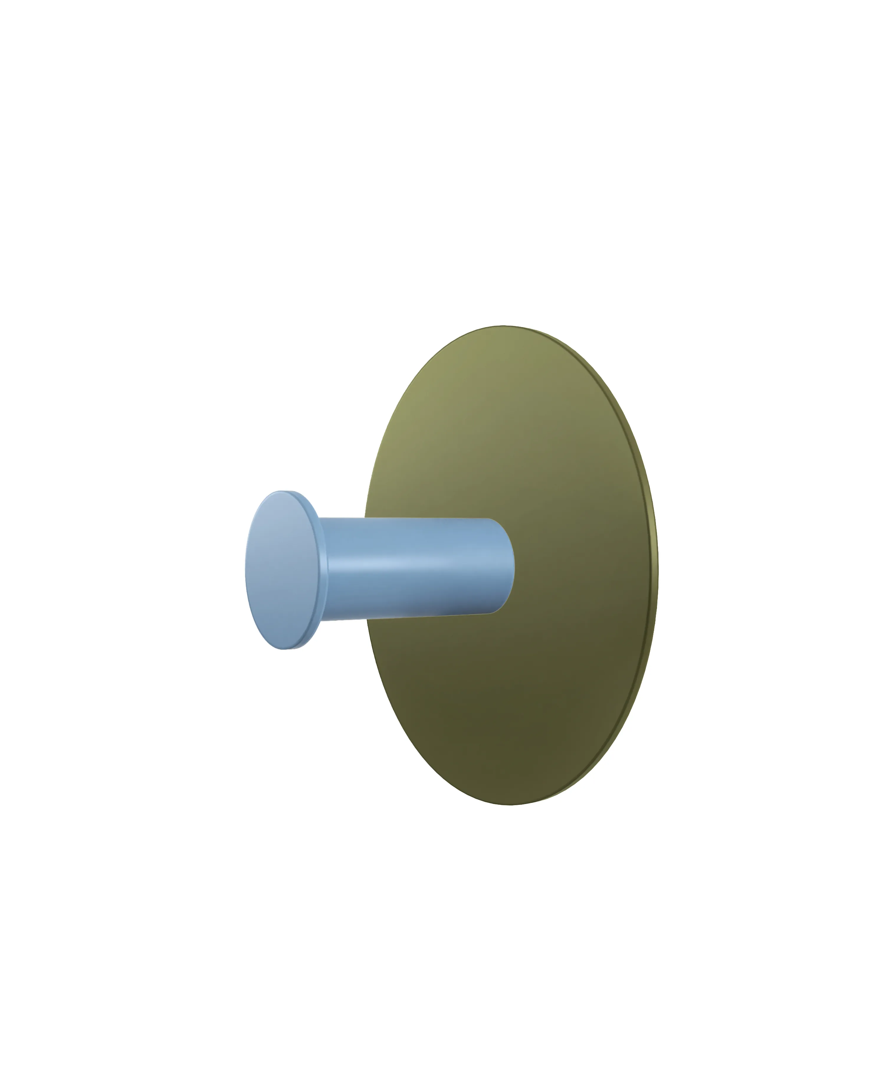 Wall hook with a round green base and a light blue cylindrical hook. Object shown on a white background.