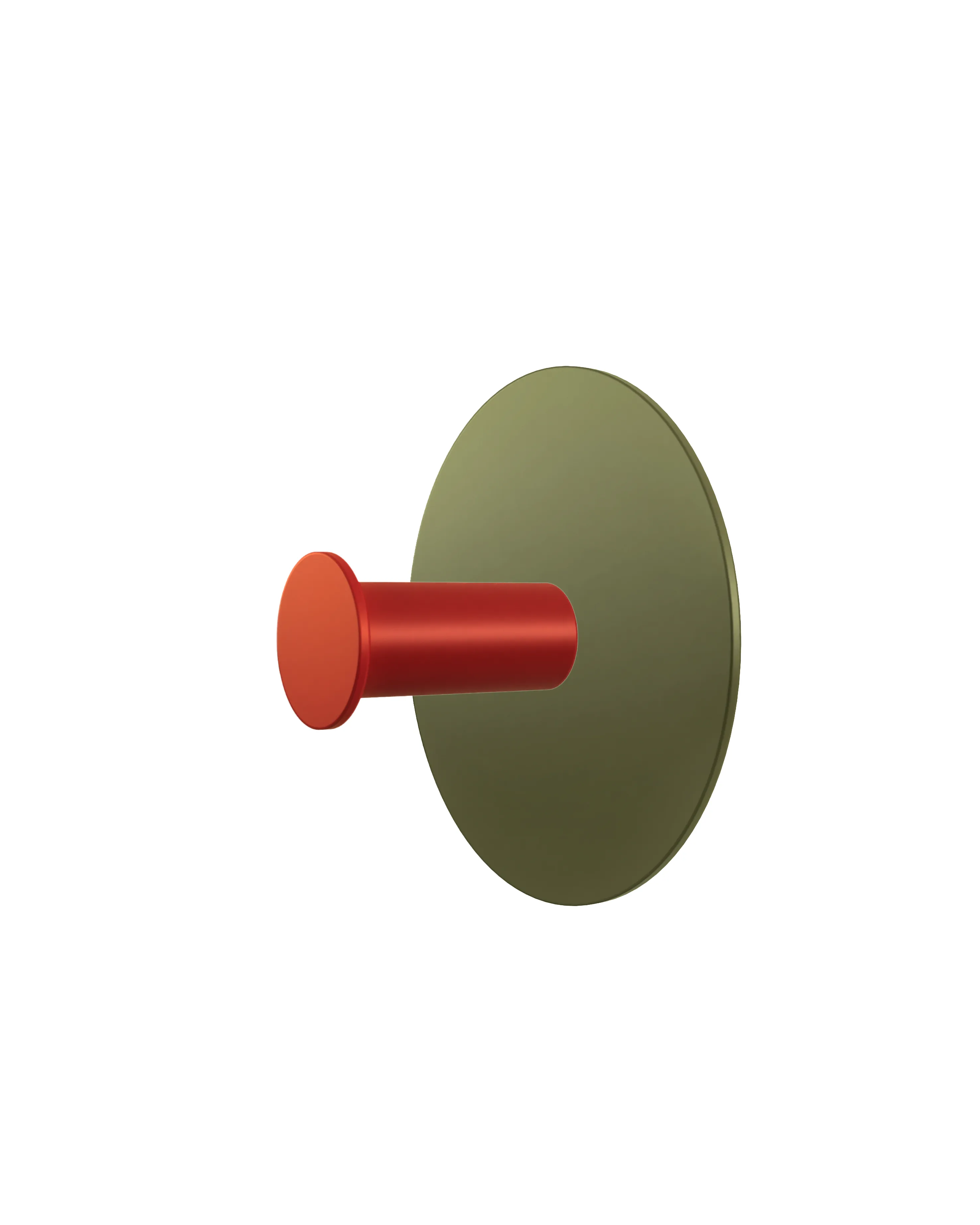 Wall hook with a round green base and a red cylindrical hook. Object shown on a white background.