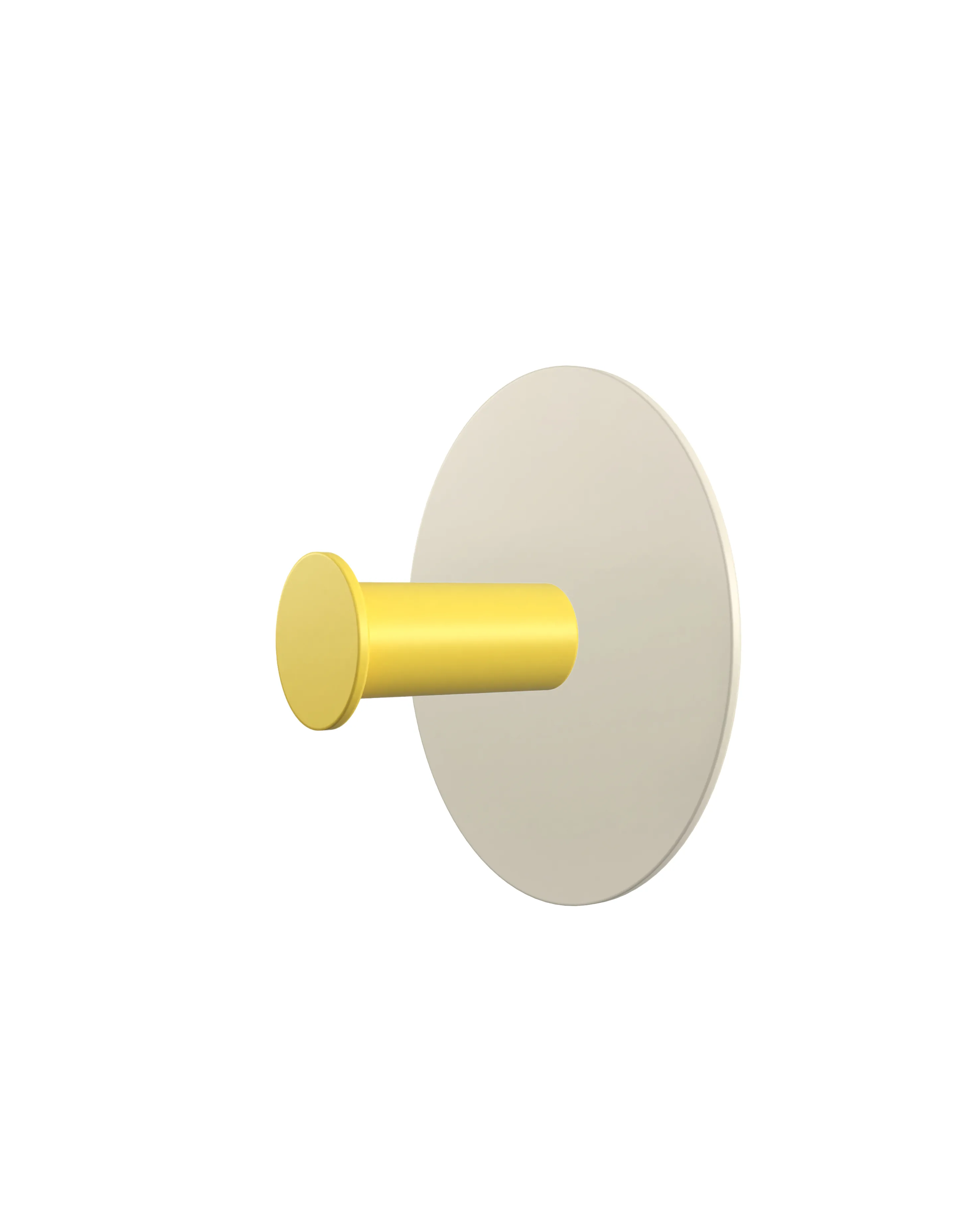 Wieszak ścienny z okrągłą, kremową podstawą i cylindrycznym uchwytem w kolorze żółtym. Minimalistyczny design na białym tle.