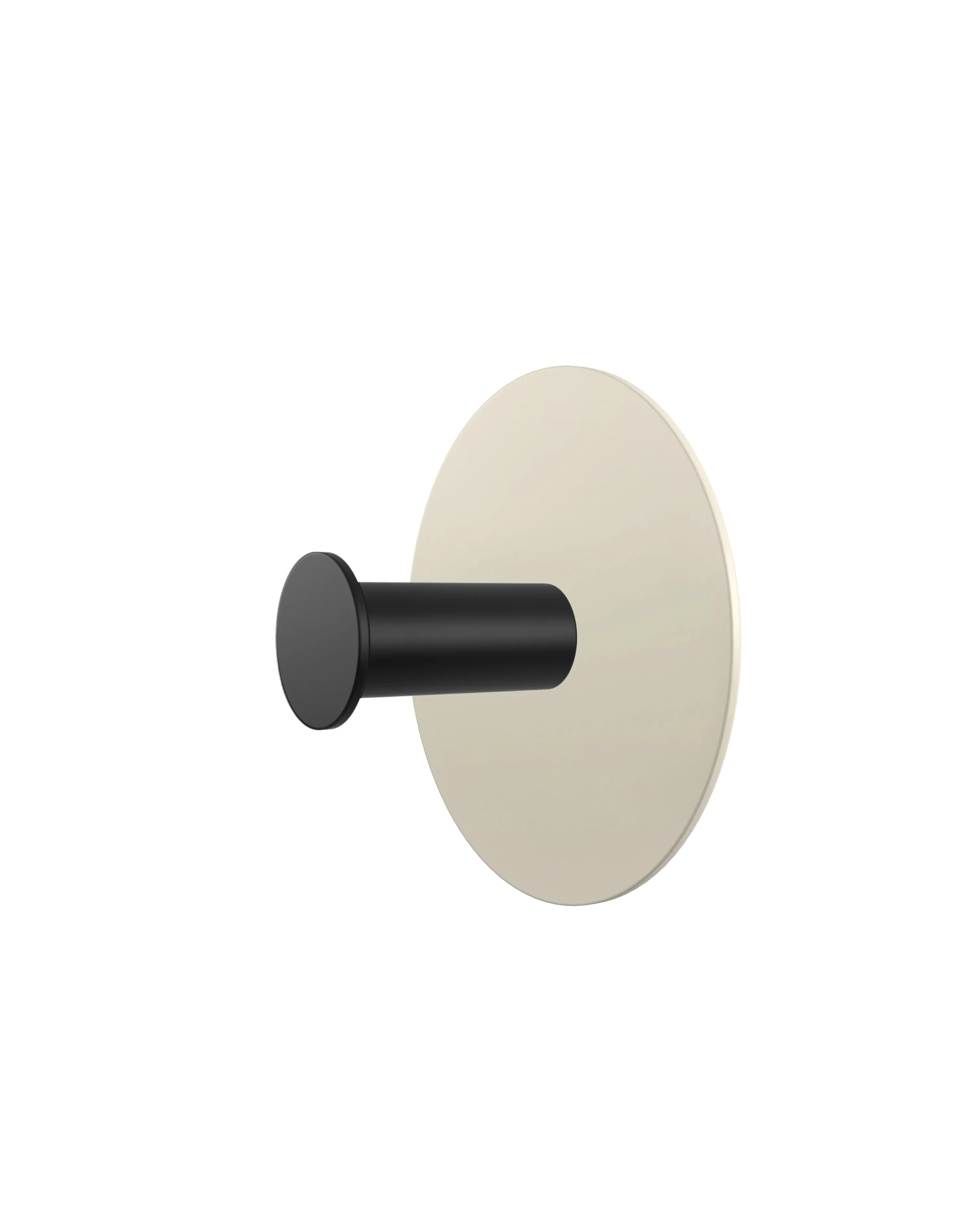 Wall hook with a round cream base and a black cylindrical hook. Minimalist design on a white background.
