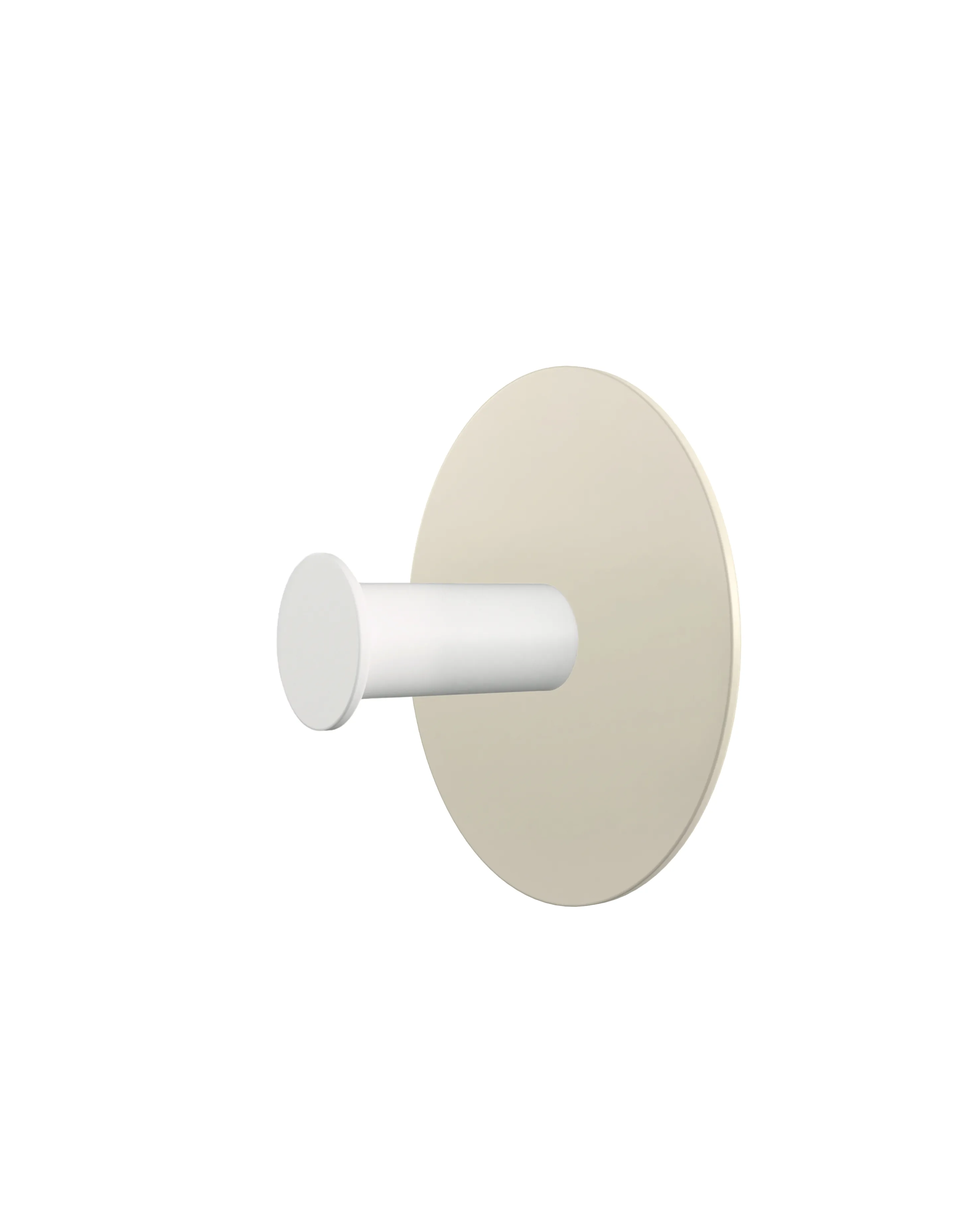 Wall hook with a round cream base and a white cylindrical hook. Simple, modern look on a white background.
