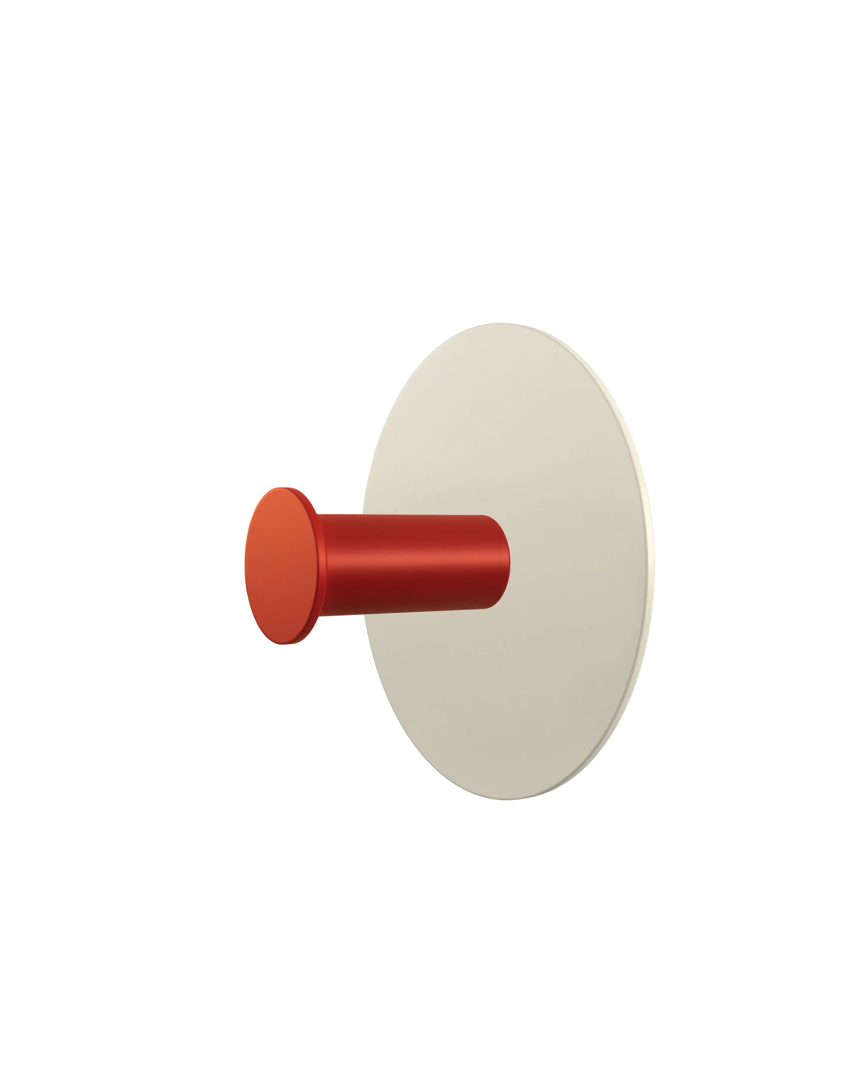 Wall hook with a round cream base and a red cylindrical hook. Object shown on a white background.