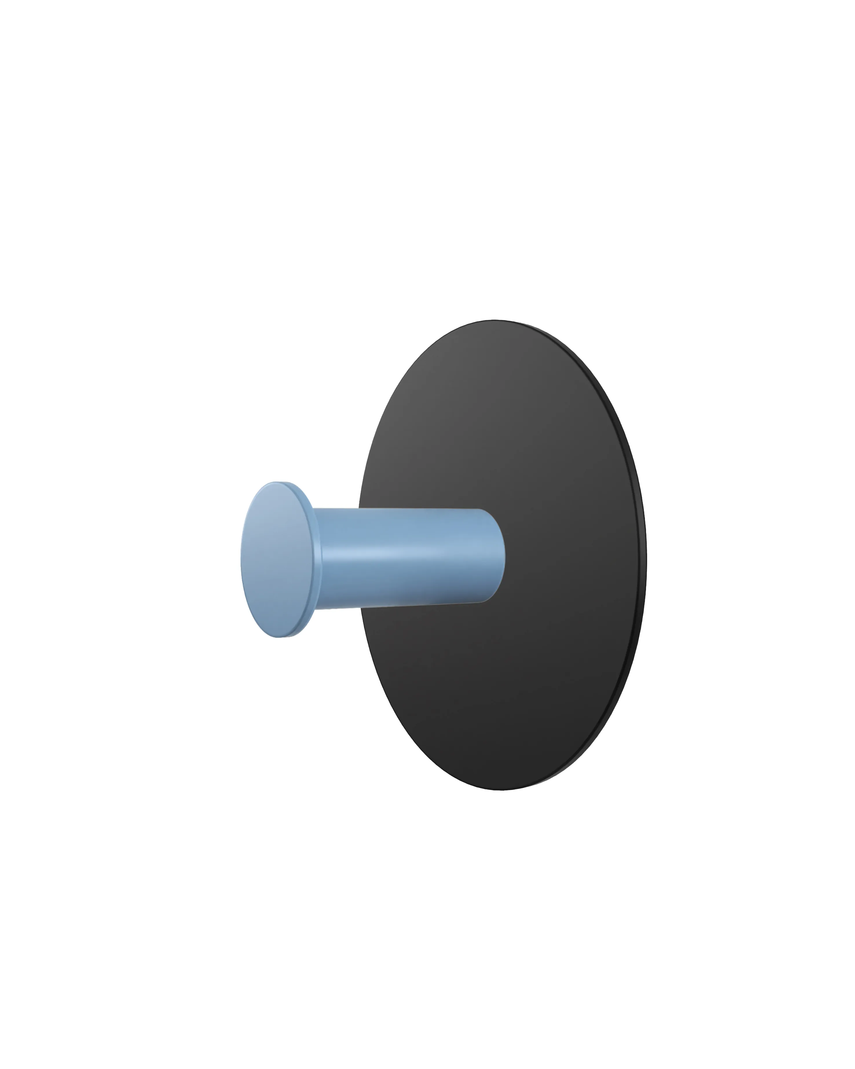 Wall hook with a round black base and a light blue cylindrical hook.