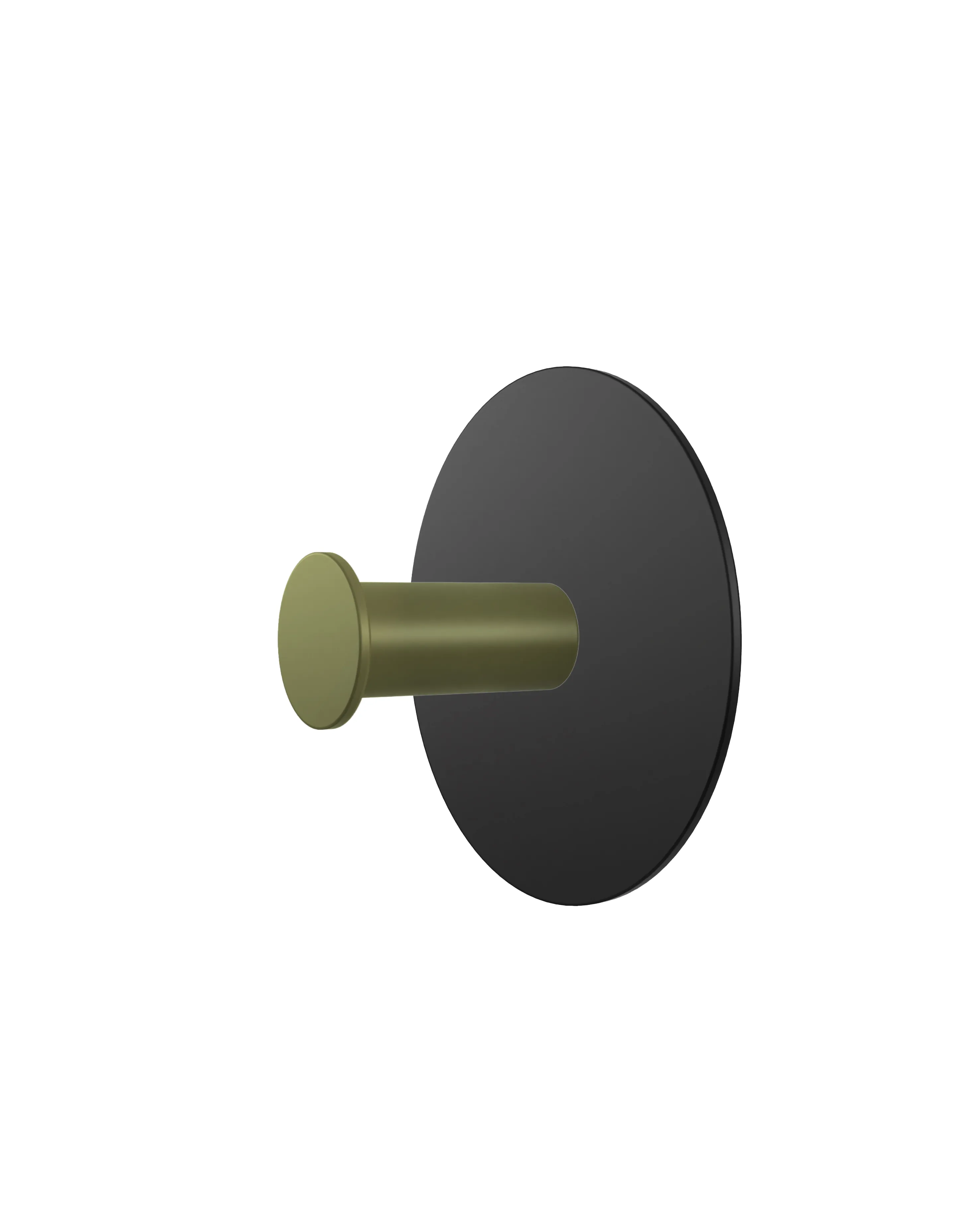Wall hook with a round black base and a cylindrical hook in olive green color.