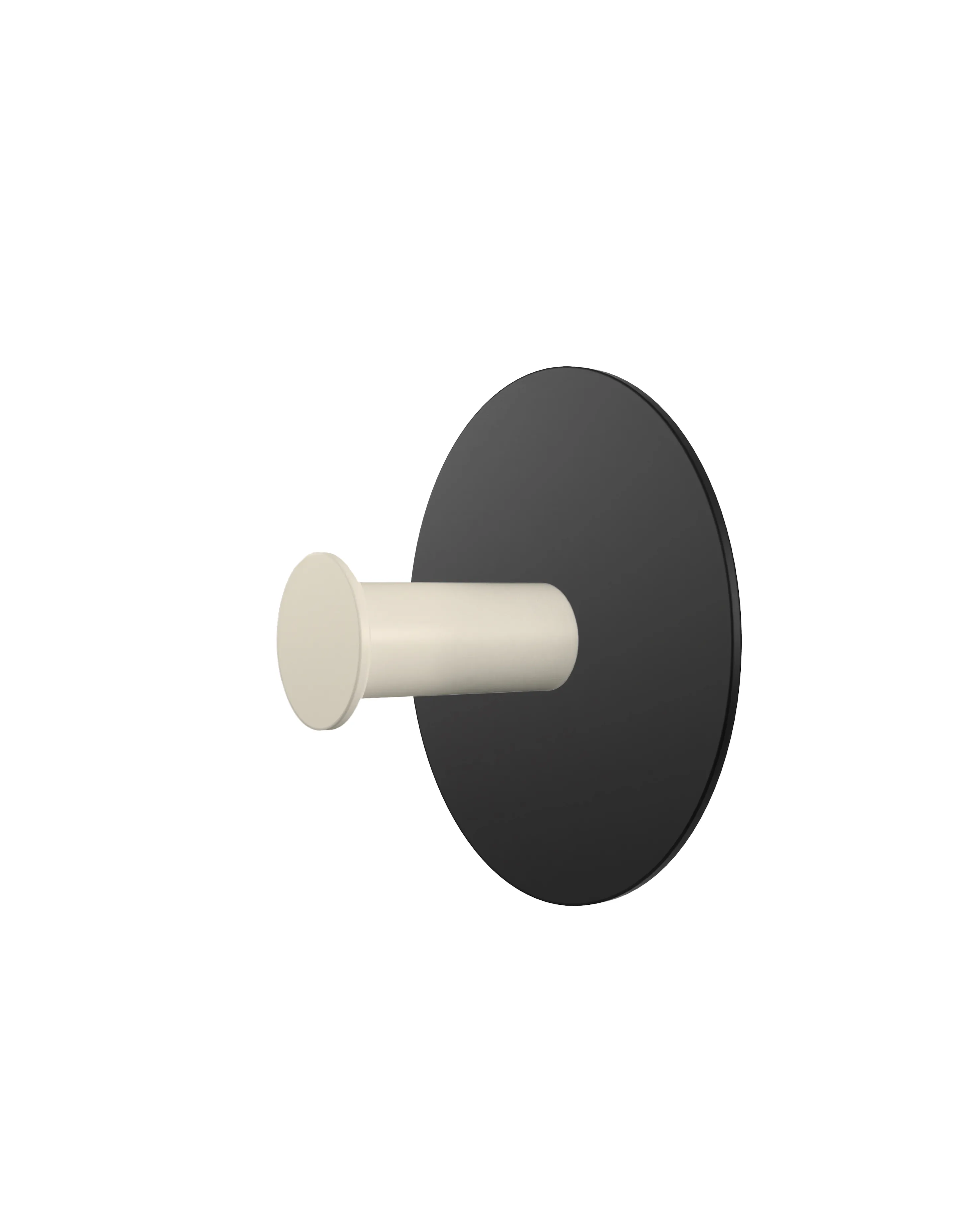 Wall hook with a round black base and a cream-colored cylindrical hook.