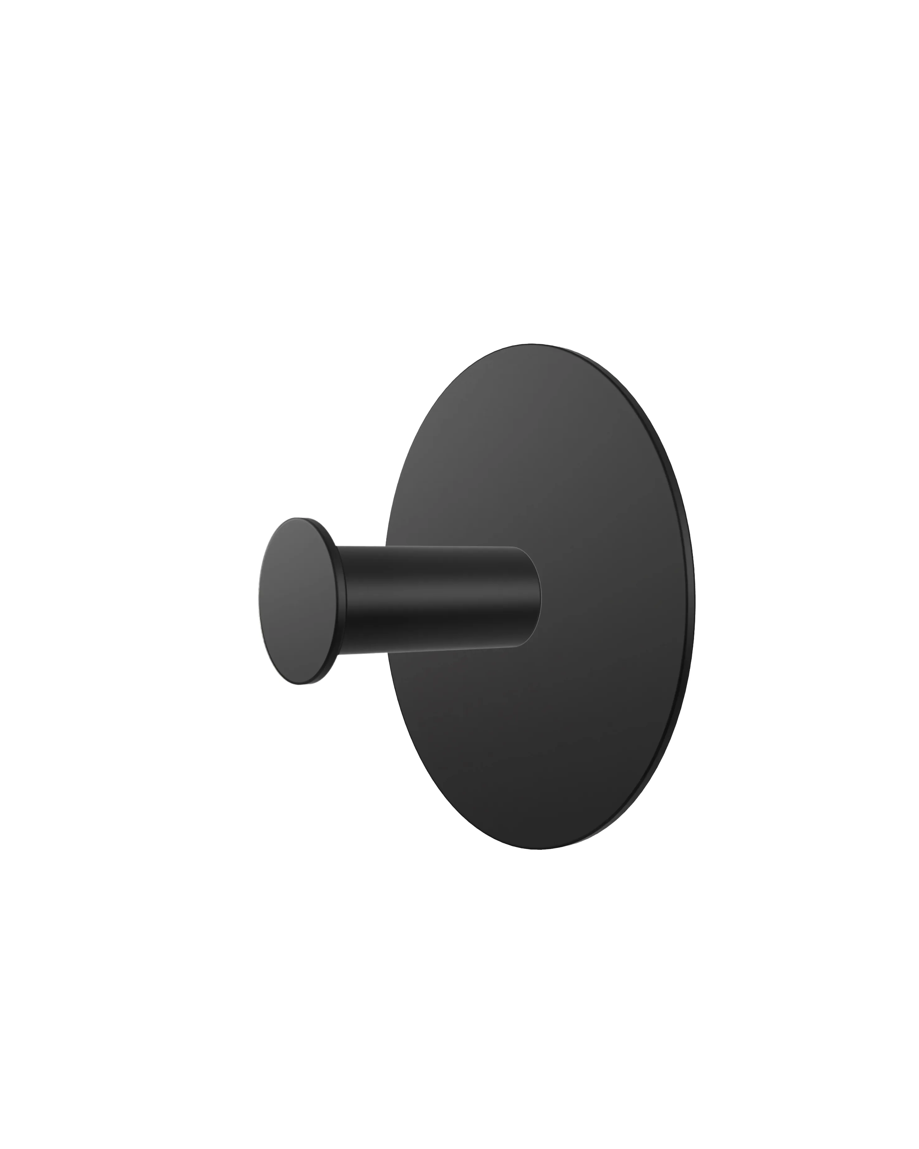 Wall hook with a round black base and a black cylindrical hook.