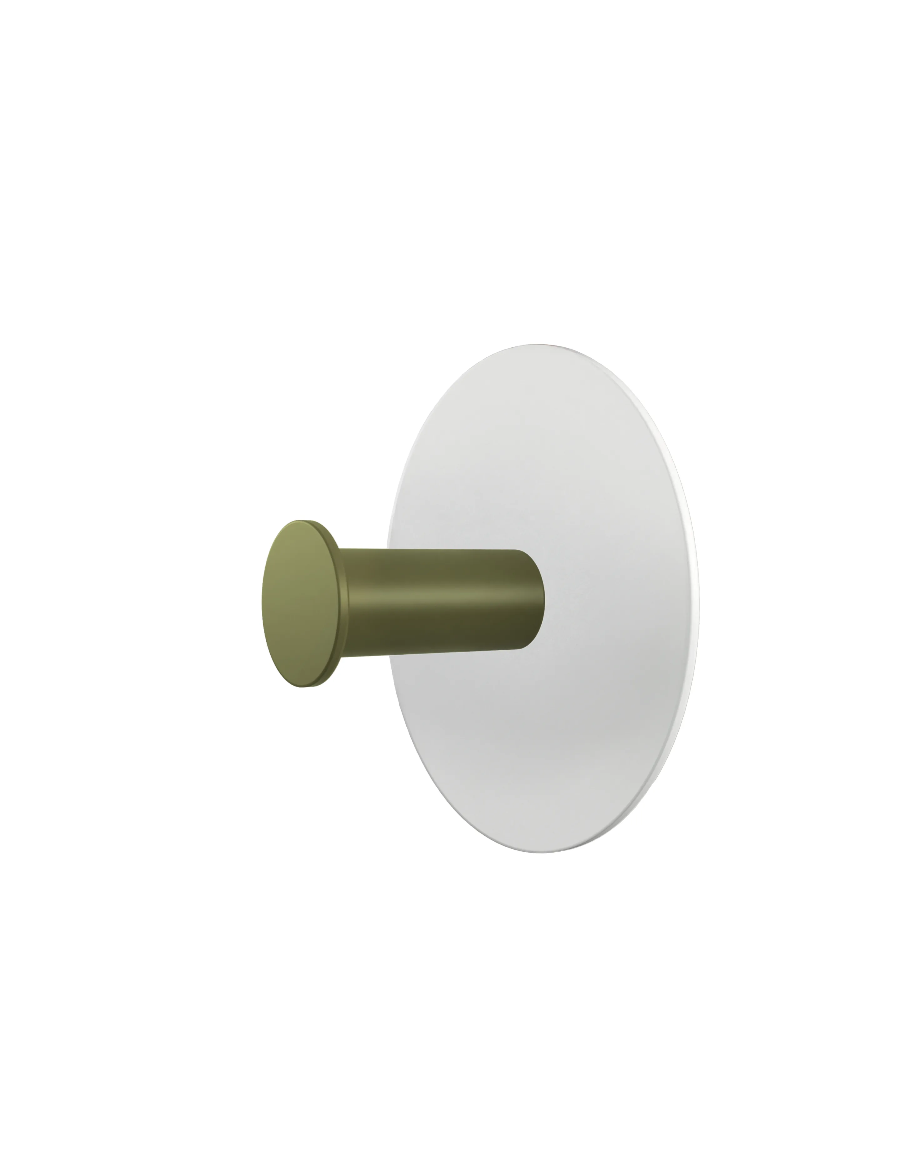 Wall hook with a round white base and a cylindrical hook in olive green color.