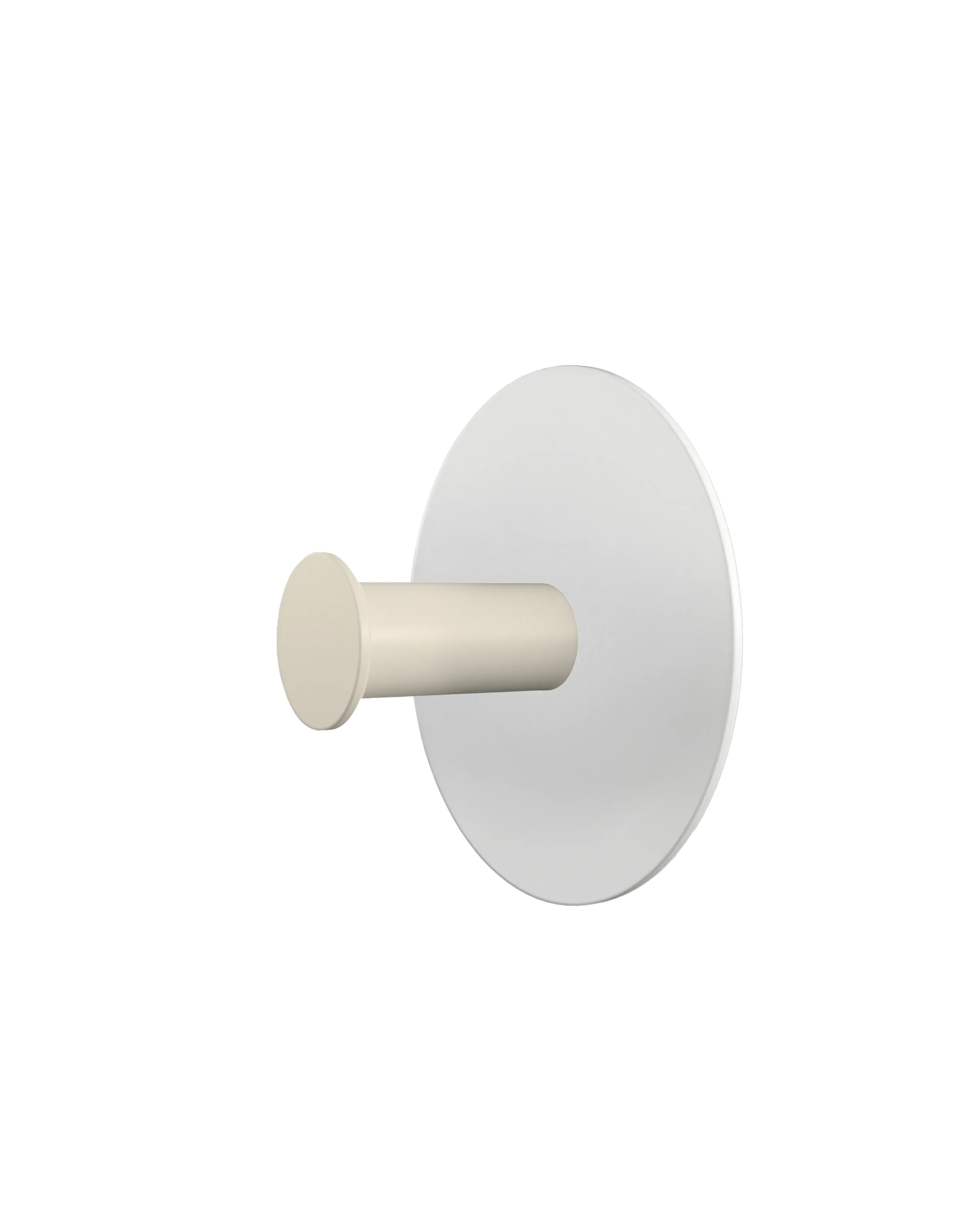 Wall hook with a round white base and a a cream-colored cylindrical hook.