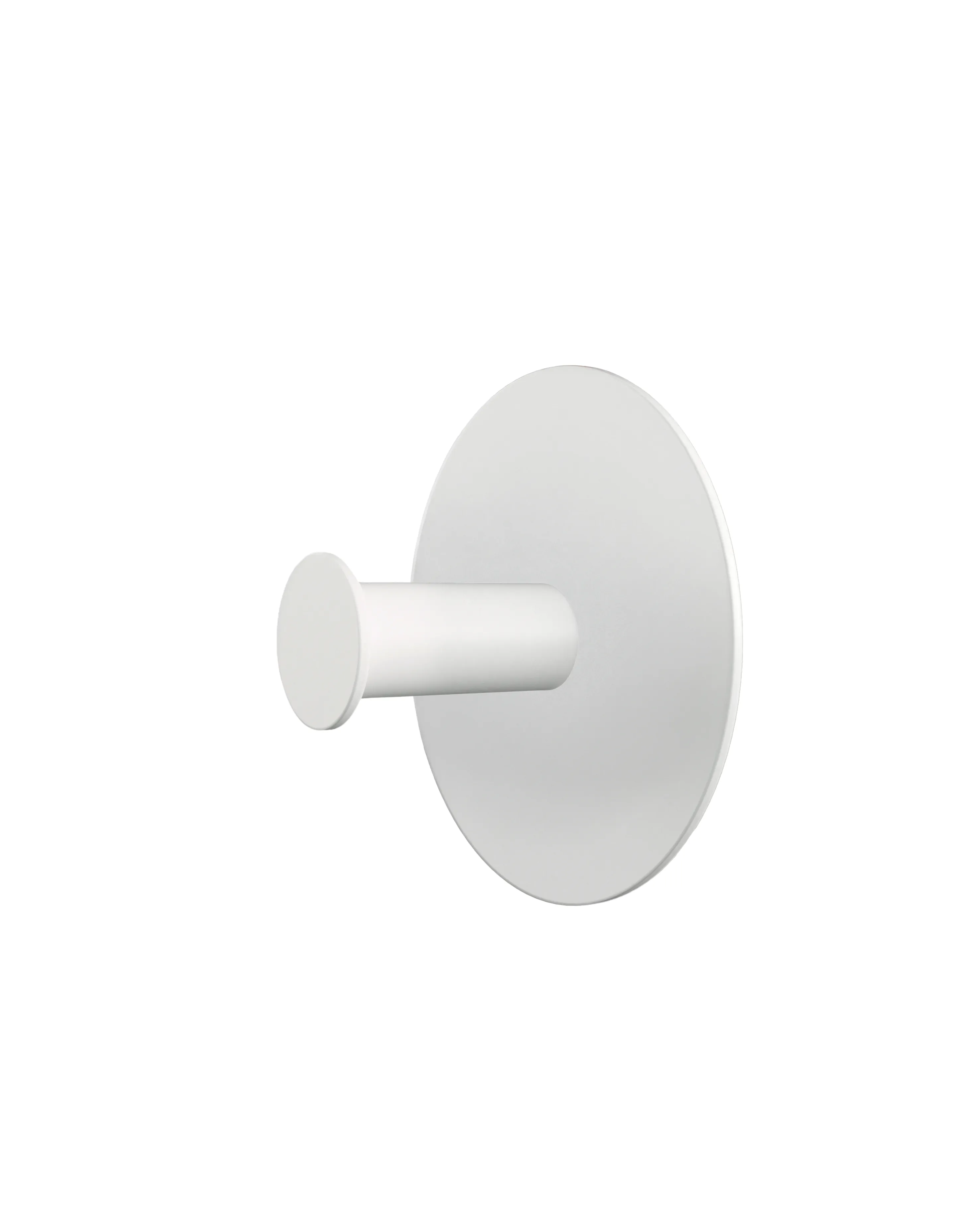 Wall hook with a round white base and a white cylindrical hook.