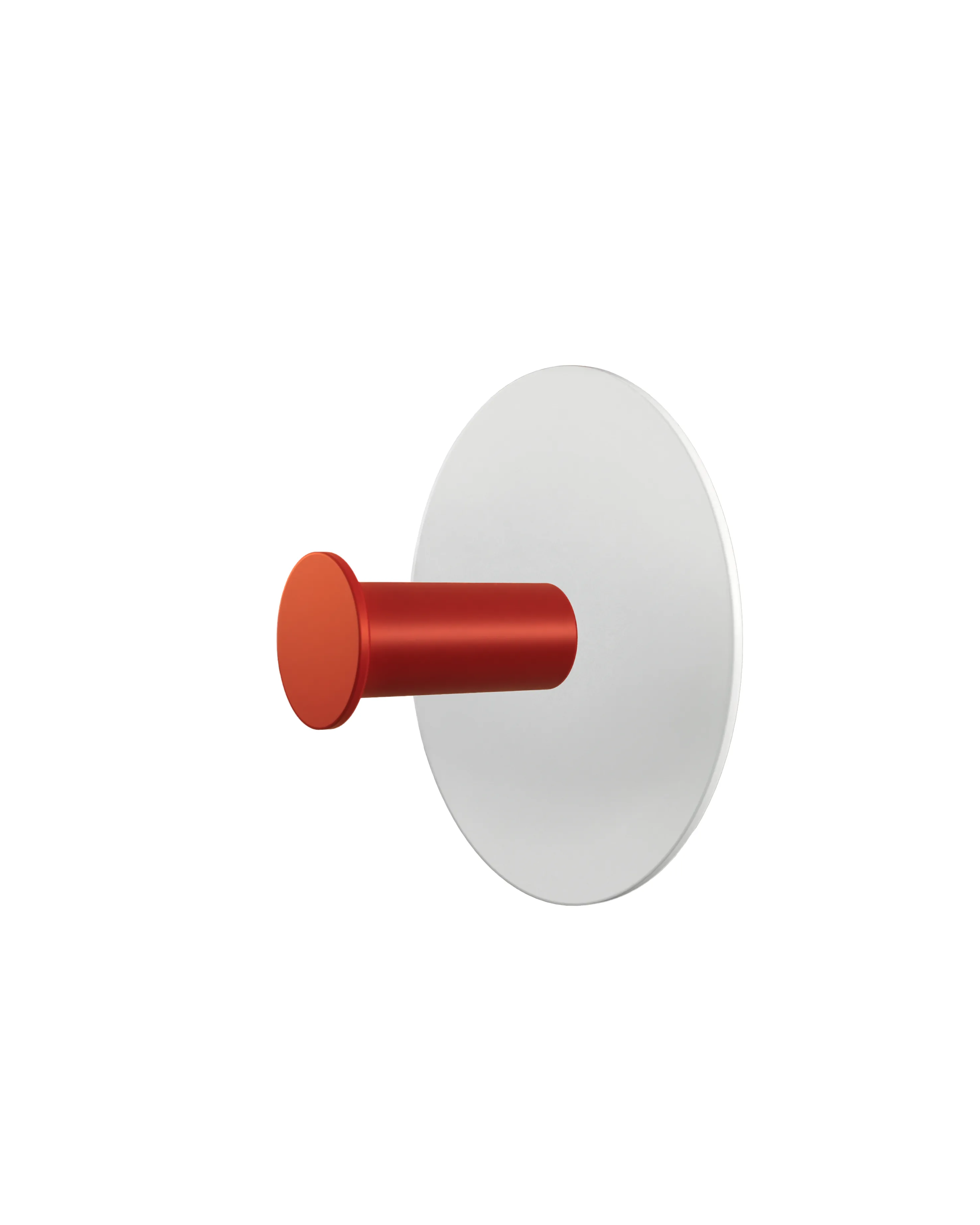 Wall hook with a round white base and a red cylindrical hook.